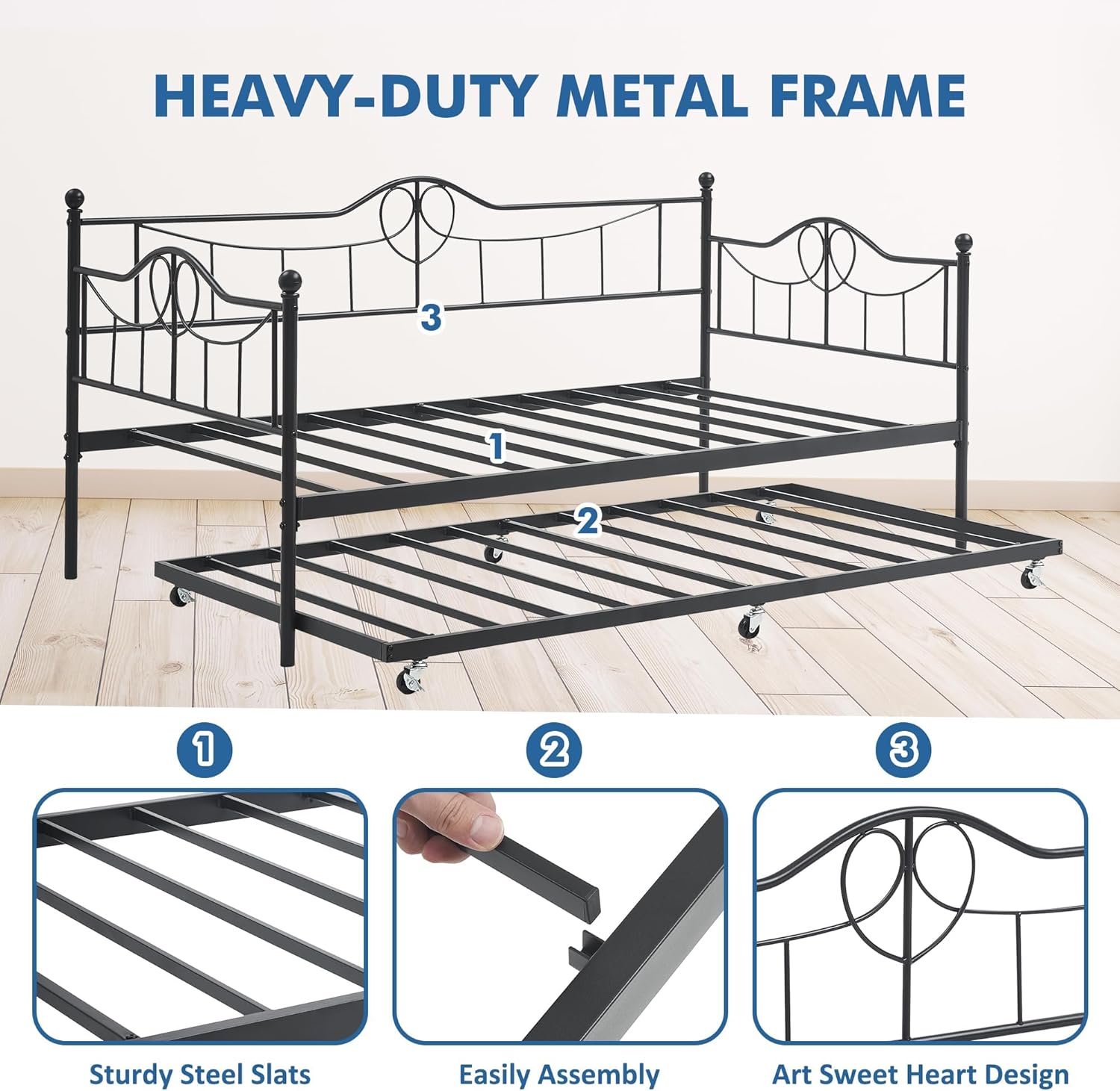 GarveeHome Twin Daybed with Trundle Bed, Black Day Bed with Backrest, Modern Metal SOFE Bed Frame with Pull-Out Trundle, Heavy Duty Steel Slats Supports, for Living Room, Guest Room