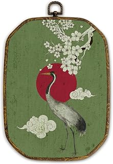 Yjeslw Vintage Japanese Crane Octagon Wall Art Decor, Green Asian Japandi Bird Framed Canvas Prints, Oriental Floral Bird Wall Hanging Decorations for Home Bedroom Living Room Decor, 10.2x7 Inches