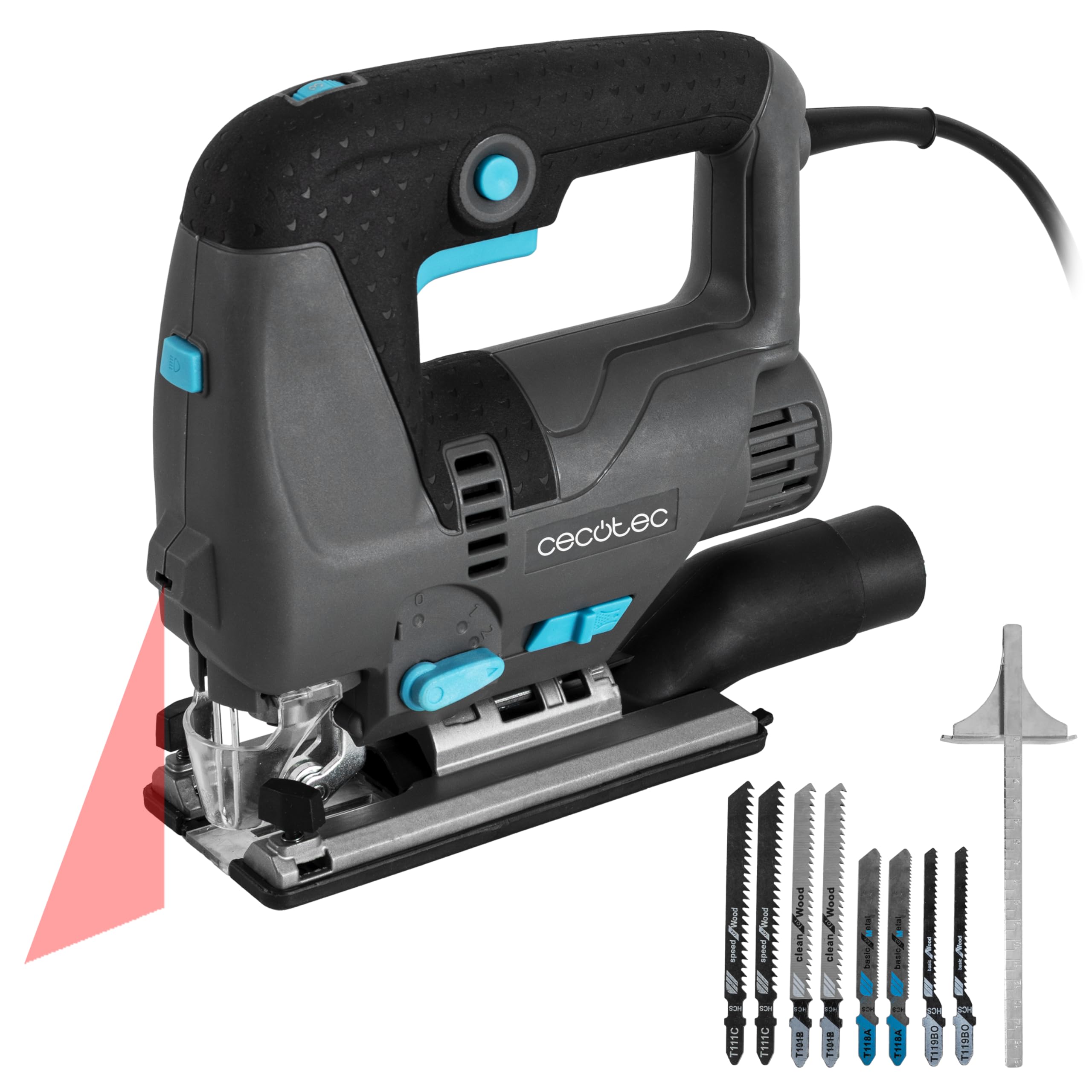 Cecotec Sierra de Calar MultiCut 8000 Vision, 800W, Corte Pendular, Cable de 2m, Plataforma de Aluminio Fundido y Mandril sin Llave, Láser Guía y Luz LED, Incluye 8 Sierras y Regla Guía