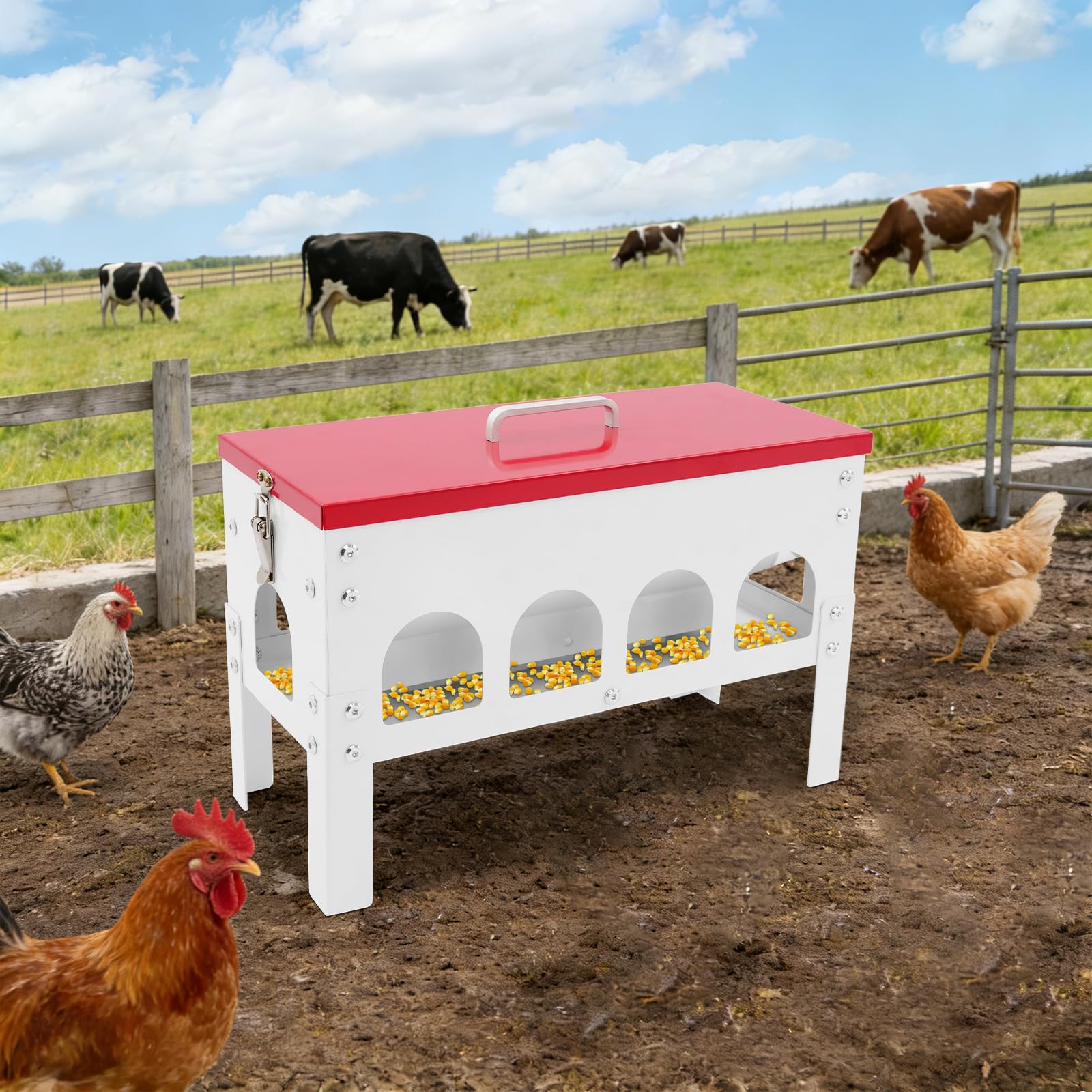Comedero automático para pollos, 10 L, hierro, bebedero automático para pollos con 10 puntos de alimentación y tapa, accesorio grande para gallinas, comederos para aves de corral, pollos, patos