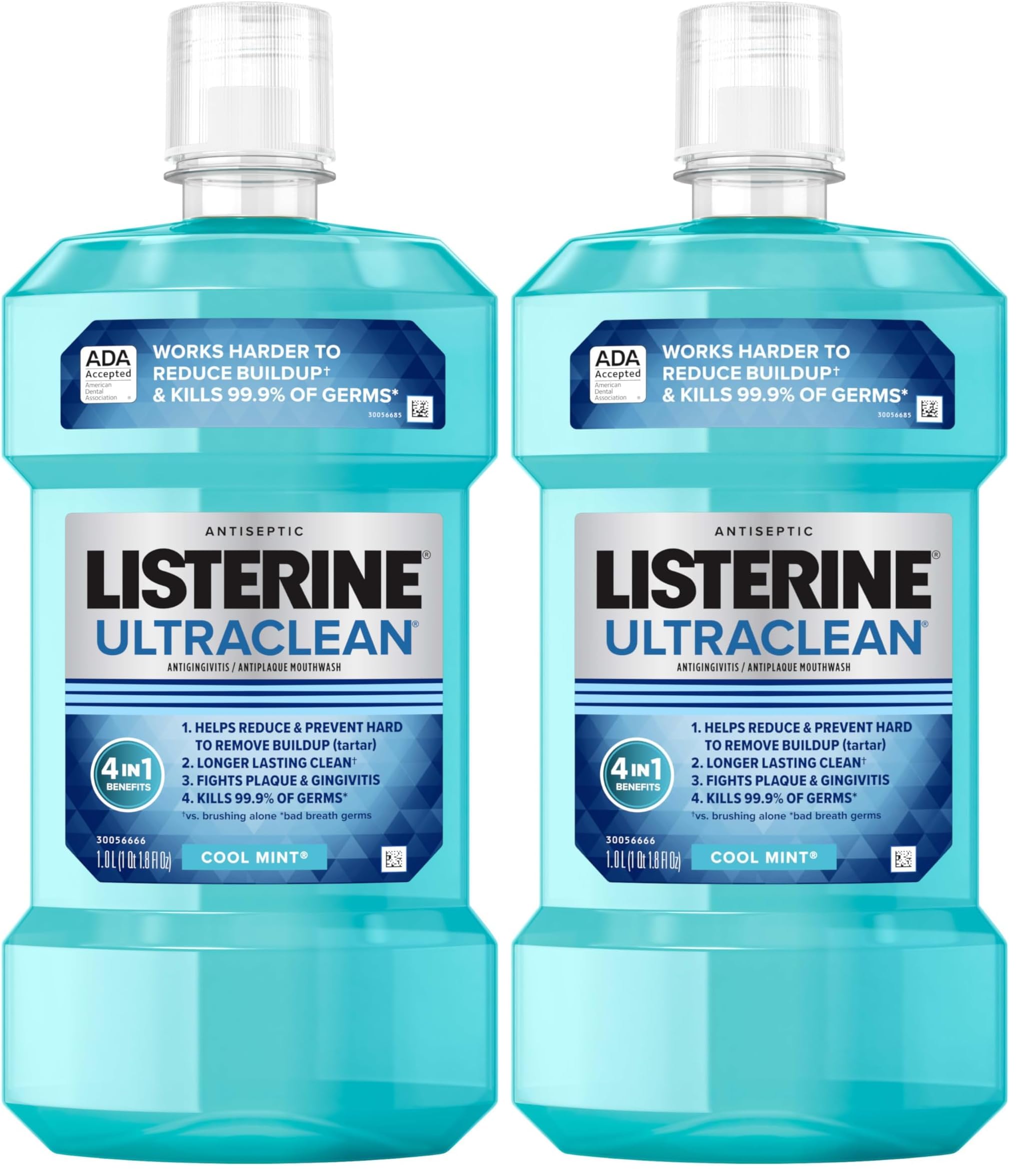 ListerineUltraclean Oral Care Antiseptic Mouthwash, Everfresh Technology to Help Fight Bad Breath, Gingivitis, Plaque & Tartar, ADA-Accepted Tartar Control Oral Rinse, Cool Mint, 1 L (Pack of 2)