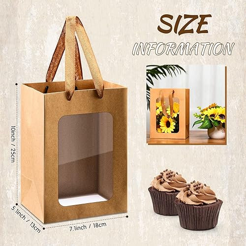 Miniatura 2 de Yexiya 15 bolsas de regalo de papel con ventana transparente, bolsas de papel kraft de 7 x 5 x 10 pulgadas con asas, bolsas transparentes para ramo