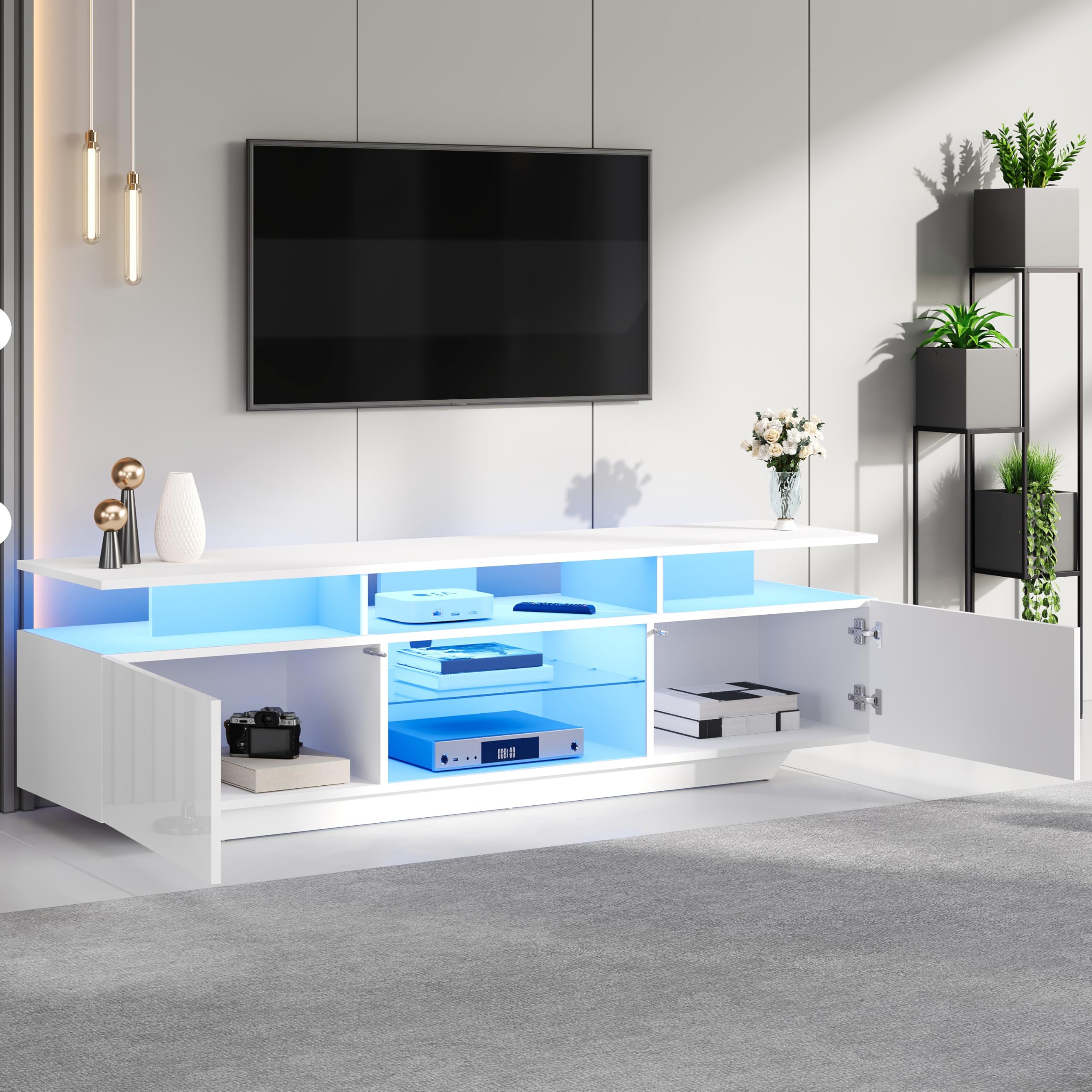 Supporto TV ad alta lucidità con striscia LED mobile TV con porte scomparti aperti pannello basso per TV fino a 70 pollici base tavolo per il mobiles TV per soggiorno bianco