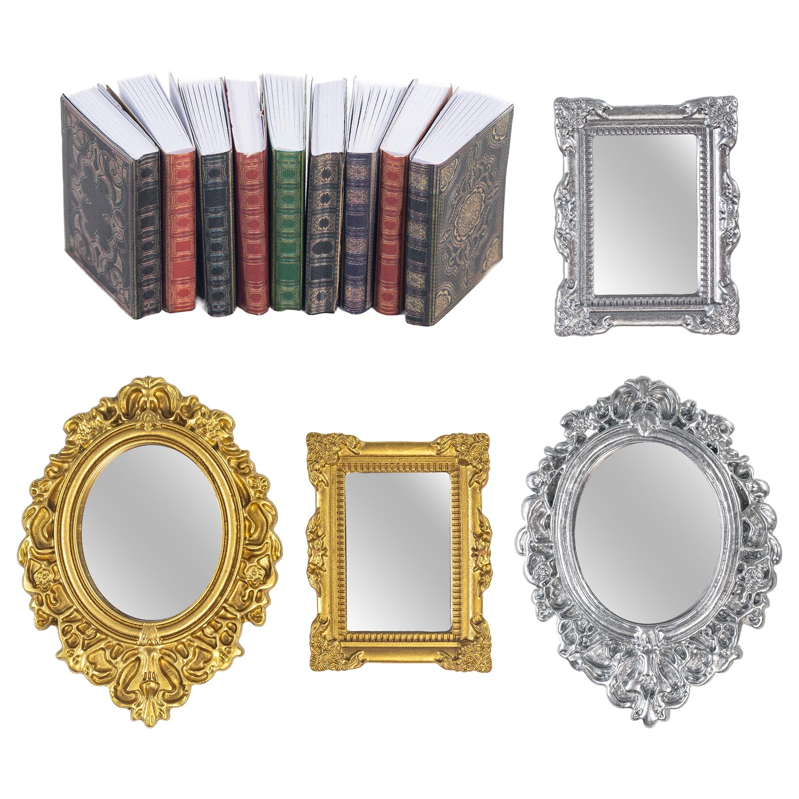 Accesorios para casa de muñecas en miniatura, mini libros y mini espejo para casa de muñecas a escala 1/12, accesorios y muebles, cosas en miniatura, 13 piezas