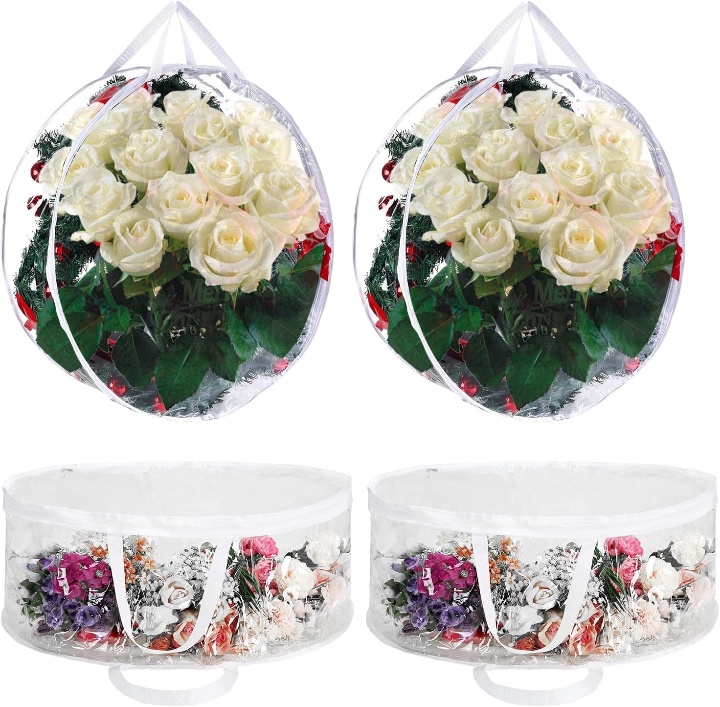 4 PCS Clear Wreath Storage Bag, 24x8 Inch Christmas Wreath Storage Container, Heavy Duty PVC Wreath Protector with Handle for Xmas Holiday Seasonal Wreath Garland (White)