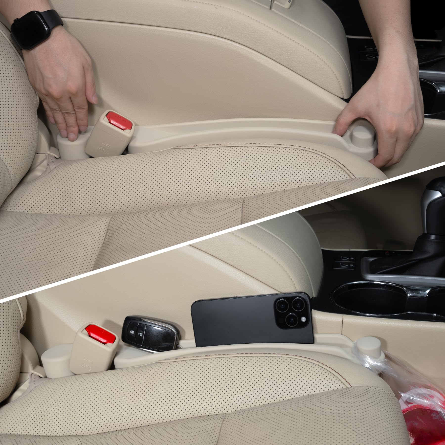 Givifive Car Seat Gap Filler Set of 2, Soft Foam Multifunctional Seat Side Gap Filler with Organizer & Hook Function, 3in1 Gap Stopper Universal Fit Car SUV Truck Fill The Gap Between Seat & Console Ivory Most Cars – Standard