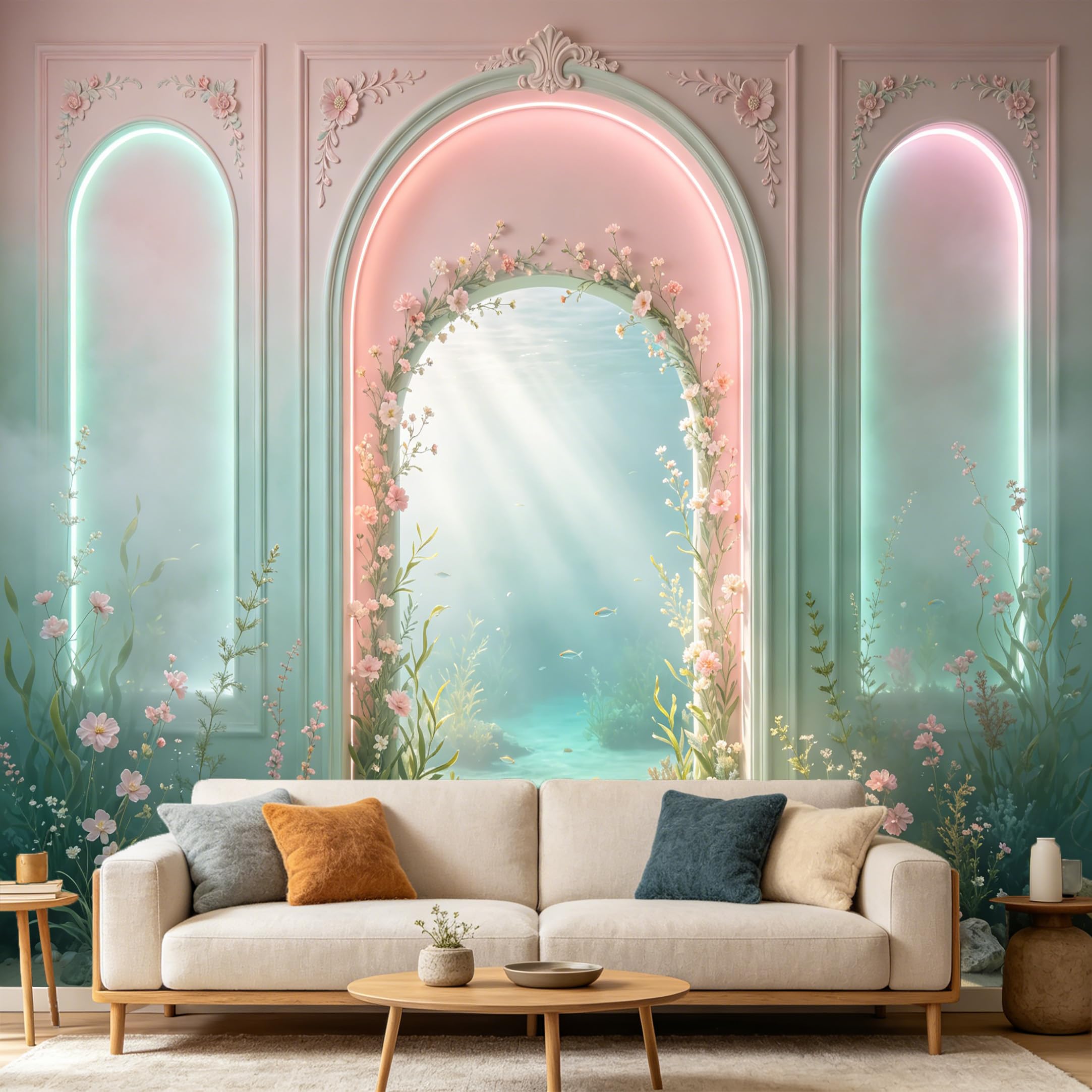 Custom Size Wall Mural， 3D Archway Underwater Scenery Floral Botanical Ocean， SelfAdhesive Art Prints wall Fabric Removable Large Wallpaper Home Living Room Decor