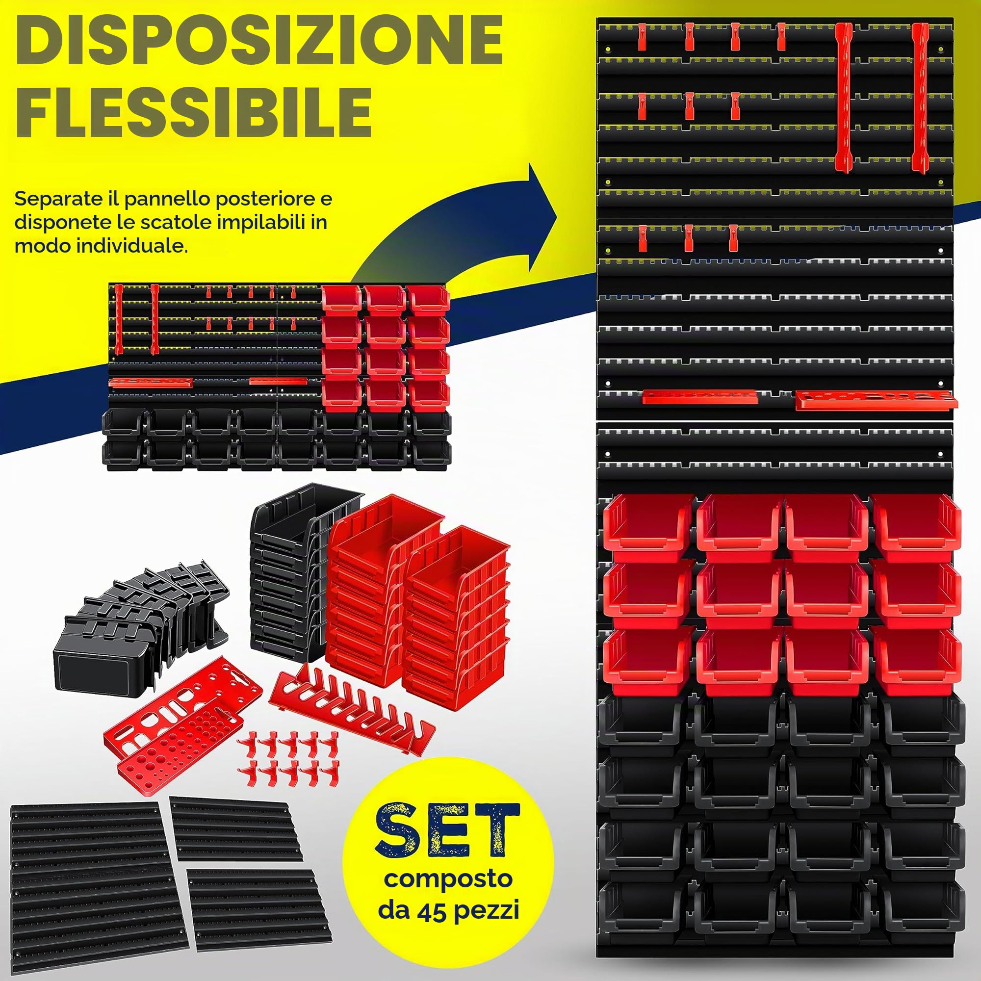 Masko® Scaffale da parete + Scatole impilabili + Portautensili, Espandibile, Scaffale da officina, Scatole portaoggetti visibili, 45 Parti - Nero/Rosso