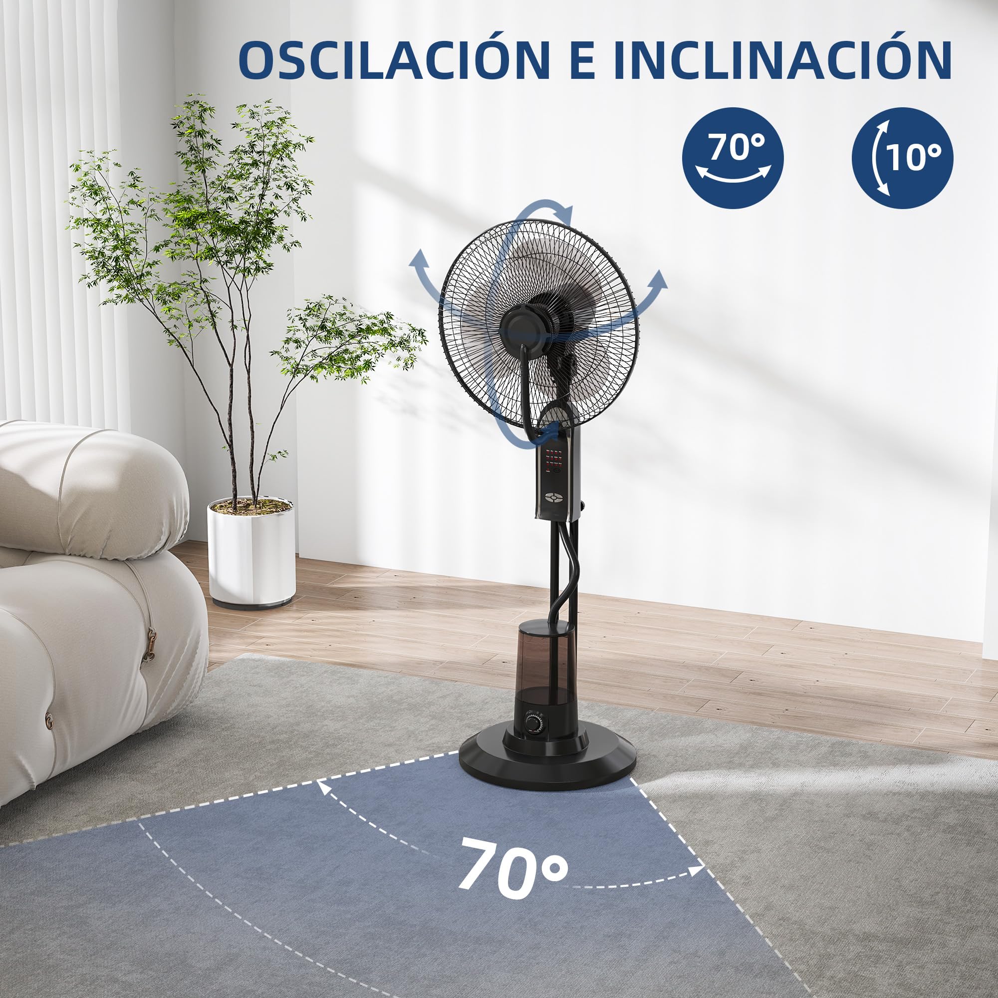 HOMCOM Ventilador Nebulizador de Agua 75 W con Mando a Distancia Ventilador de Pie Oscilante Temporizador Tanque 3,2L 3 Velocidades 3 Aspas y Pantalla LED Ø44,5 cm Negro