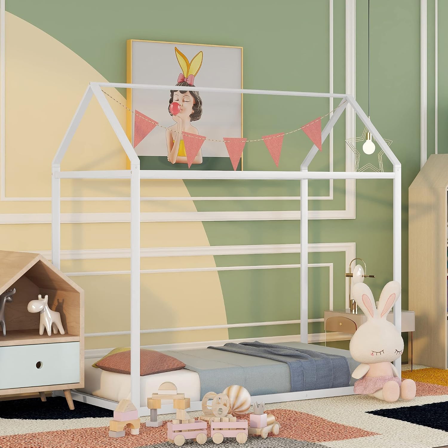 Twin House Beds Metal Toddler Montessori Bed Frame White Floor Bed for Kids Boys Girls Teens