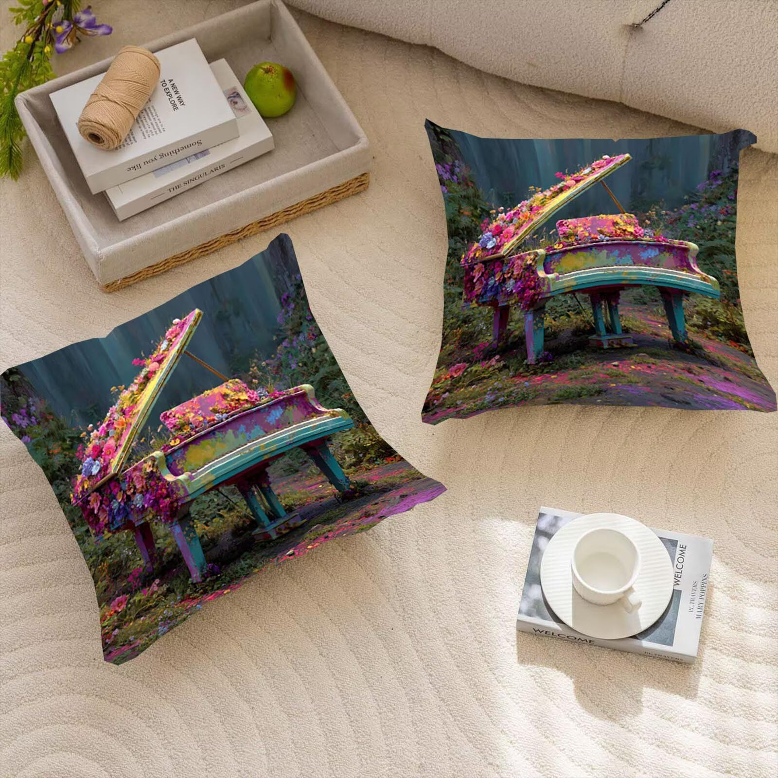 Kwiaty Zestaw 2 poszewek na poduszki Sofa Dekoracyjne Poszewki na poduszki Miękkie lniane poszewki na poduszki Luksusowy styl Sofa Sypialnia 60 x 60 cm Poszewki na poduszki na zewnątrz Fortepian 0P