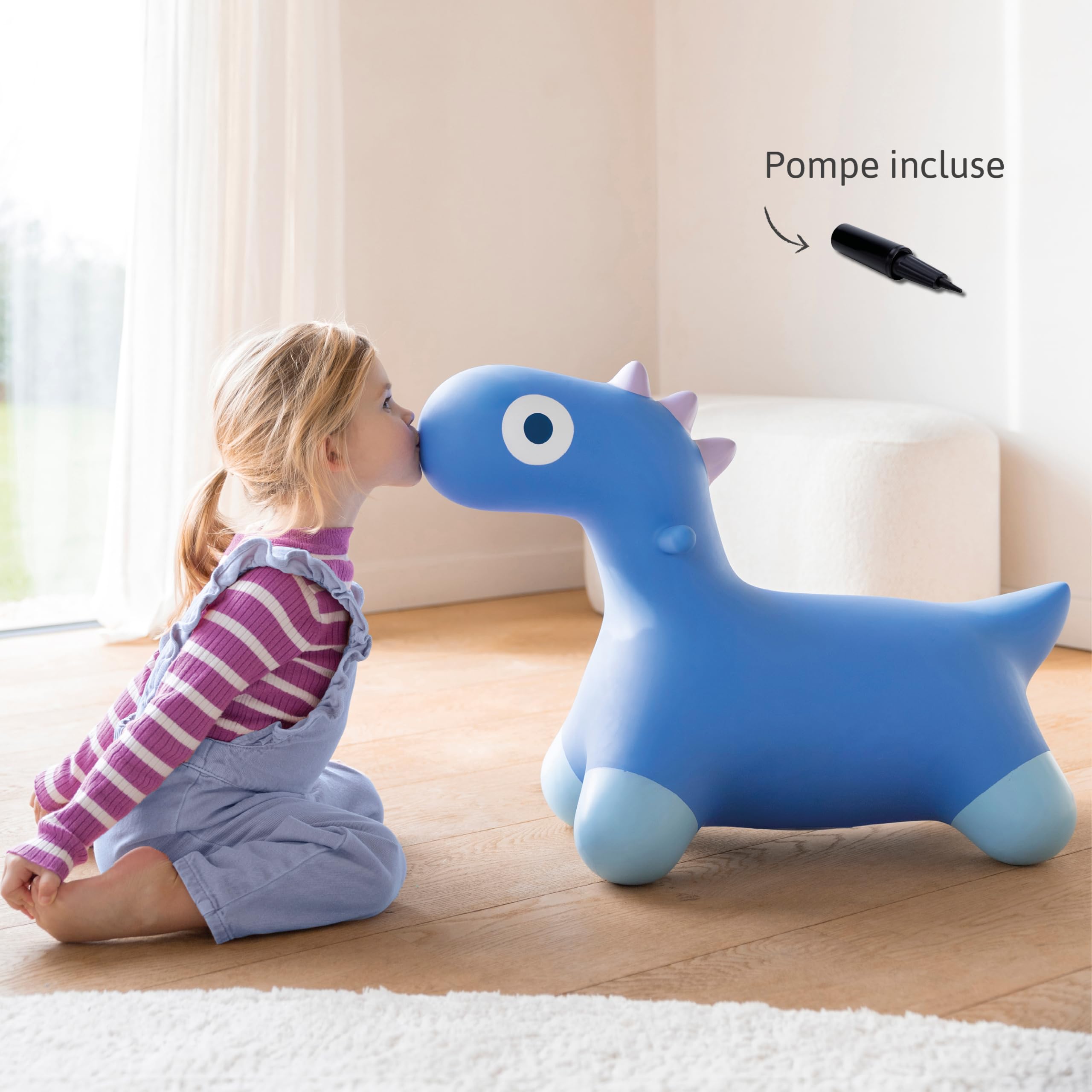 Quut - Hoppi Dino Sauteur - Jouet Sauteur Gonflable - Dino Bascule - extérieur et intérieur - Design - Pompe comprise - Cadeau - dès 18 Mois (Bleu Cosmique)