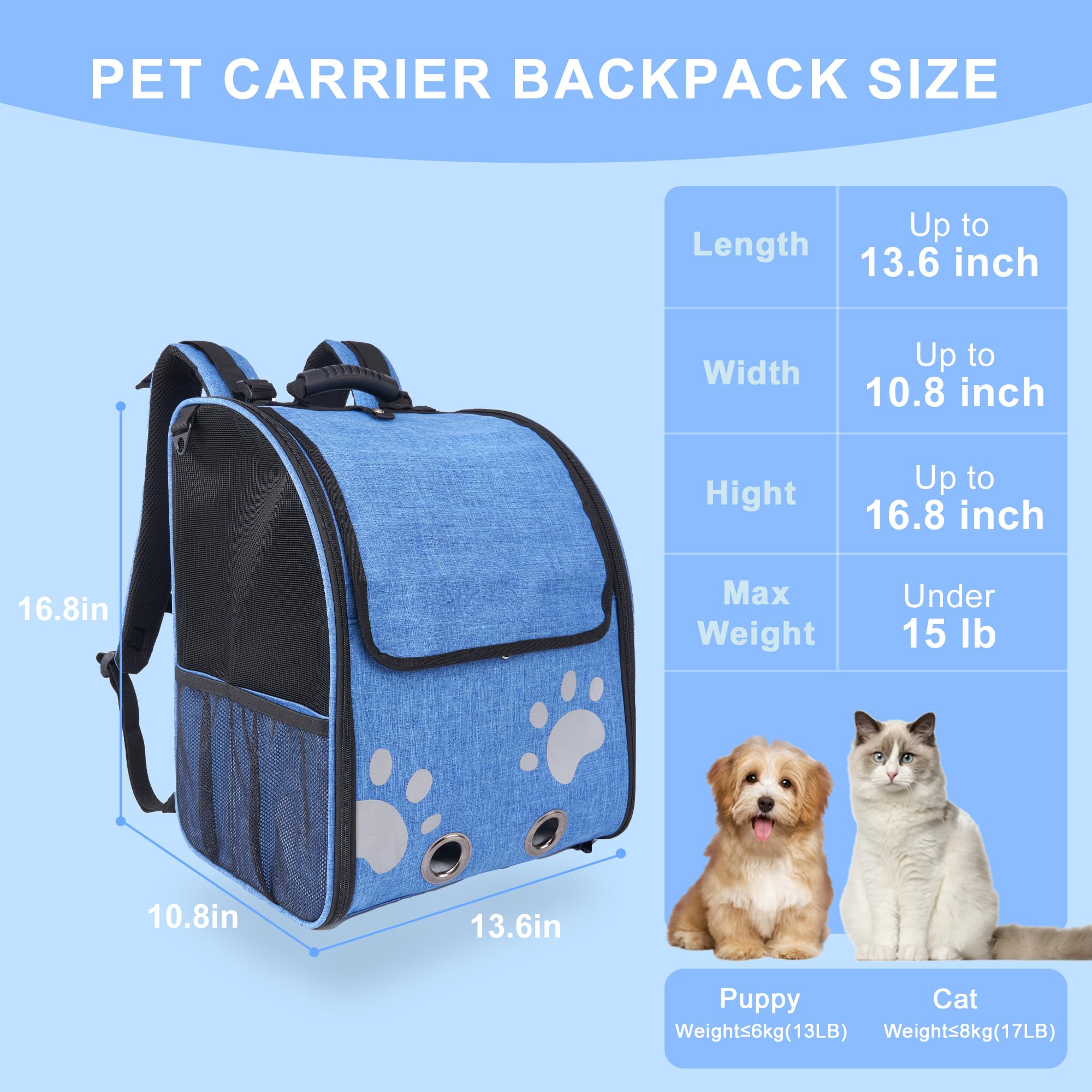 Moysoon Cat Backpack Carrier, Breathable Cat Carrier Large Space UP 15 lb, Large Reflective Pet Carrier Backpack, Ventilated Mesh Dog Travel Pet Backpack for Hiking Walking Outdoor (Blue).