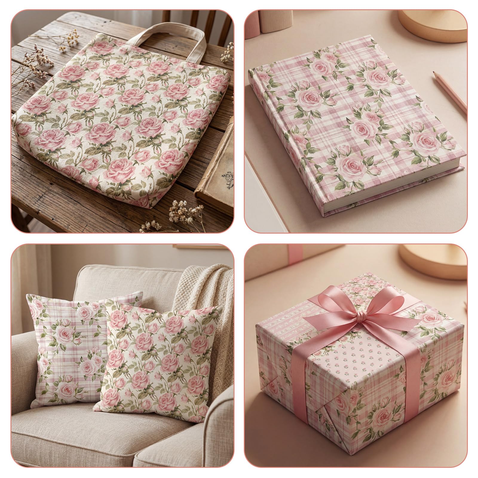 Tudomro 10 Pcs Pink Floral Fabric Squares Bundles 20 x 20 Inch Cotton Spring Retro Rose Quilting Fabric Vintage Flower Fat Quarters Printed Cloth Quilt Patchwork Material for Sewing DIY Craft Supply — view 8