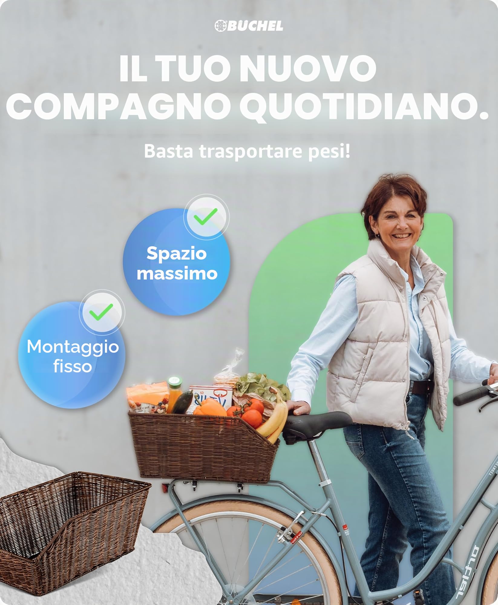 Büchel Cestino posteriore per bicicletta in polyrattan di alta qualità, cestino posteriore per bicicletta con materiale di fissaggio, cestino posteriore grande per bicicletta per bambini posteriore