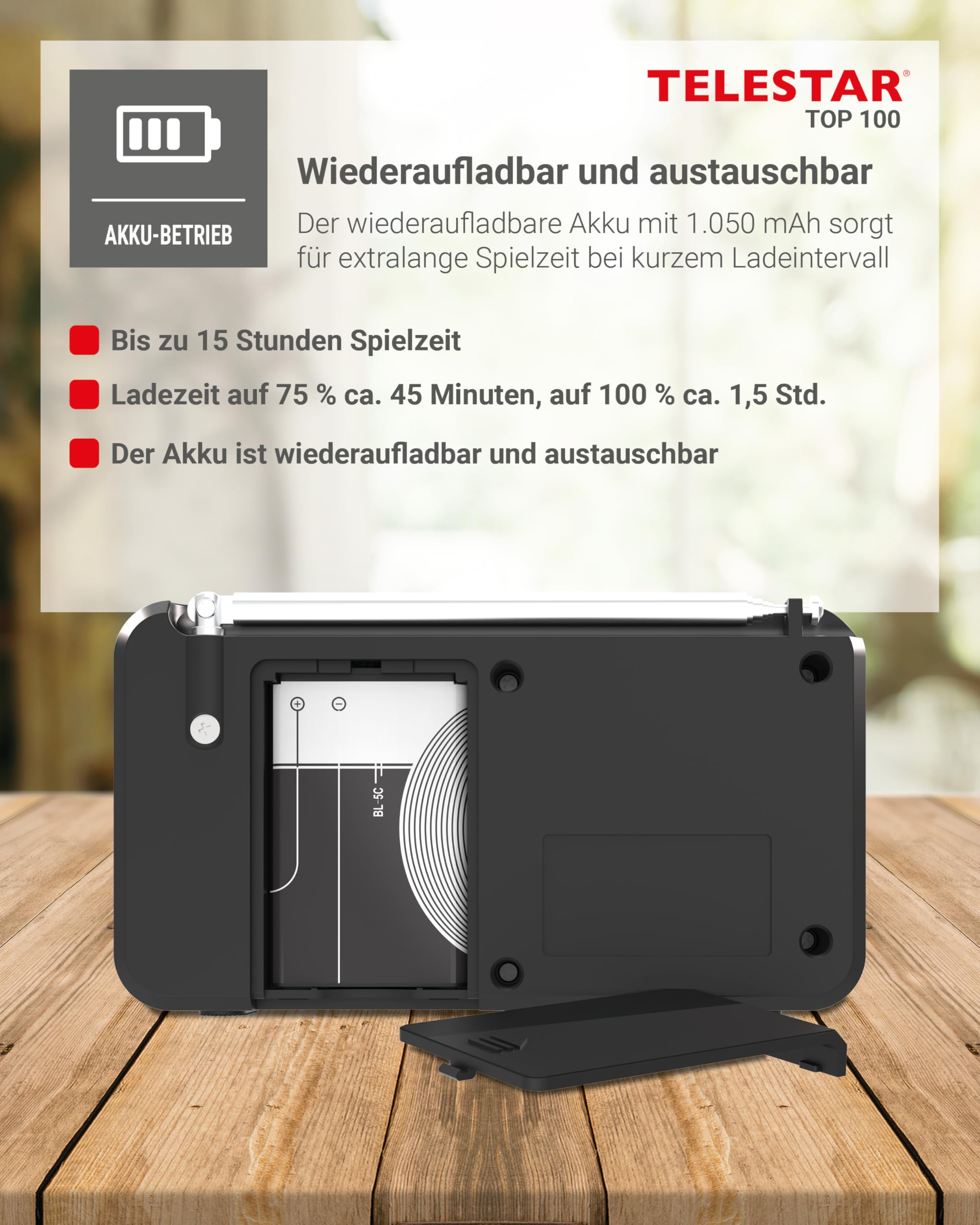 TELESTAR TOP 100 – Mobiles DAB+/UKW Radio mit Akku – Schwarz | Austauschbare Batterie, bis zu 15 Std. Spielzeit, kurze Ladezeit, Bluetooth Audio-Streaming, USB-Mediaplayer