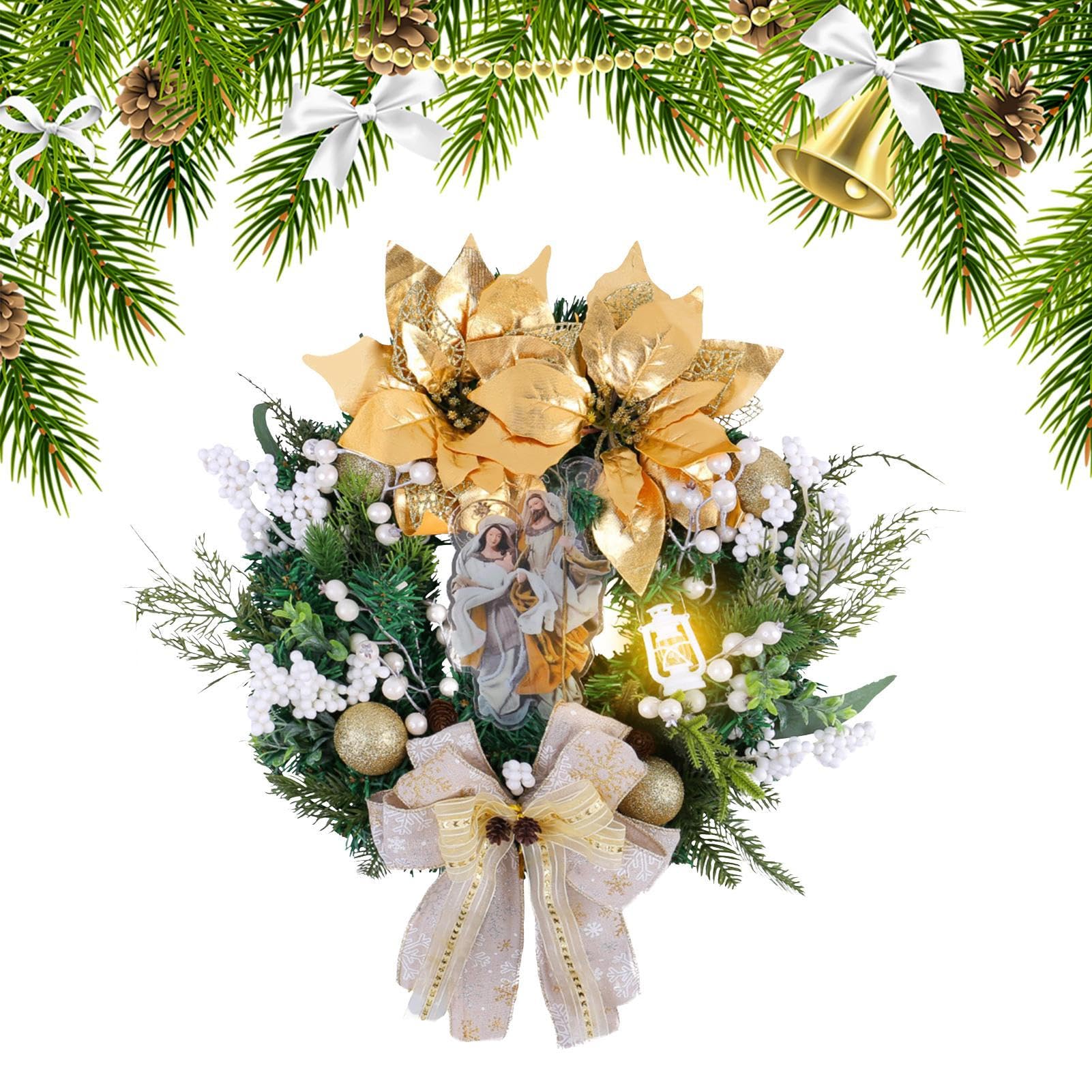 Coronas Navideñas para Puerta Principal Decoración De Pared Nacimiento | Corona Navideña Artificial Con Luces LED Para Porche Chimenea Cocina Salón Dormitorio Entrada Escuela Bodas Restaurante