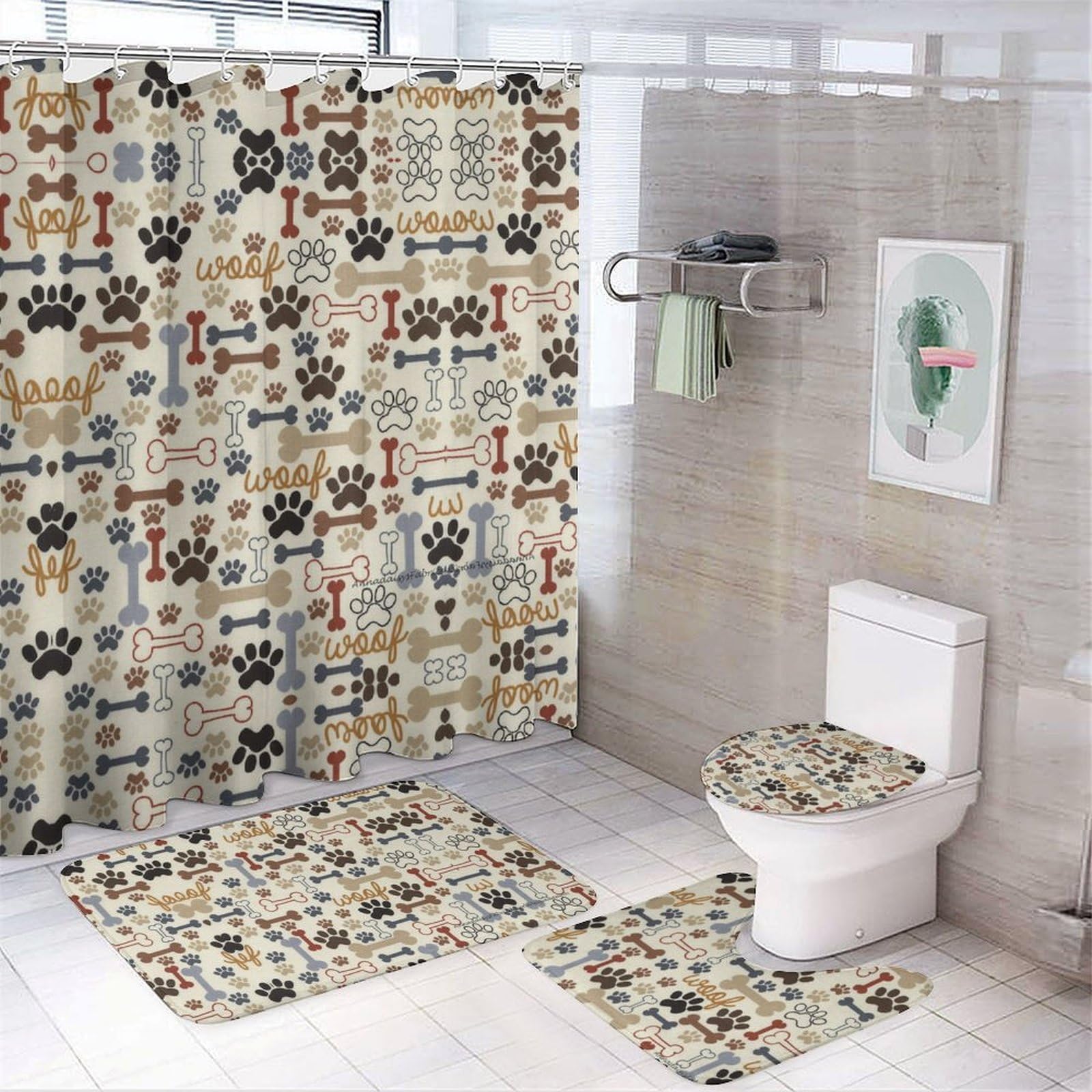 JZemdybill Bathroom Mat Set 4 Piece, Dog Bones Paw Prints Shower Curtain with Non-Slip Bath Mats for Bathroom
