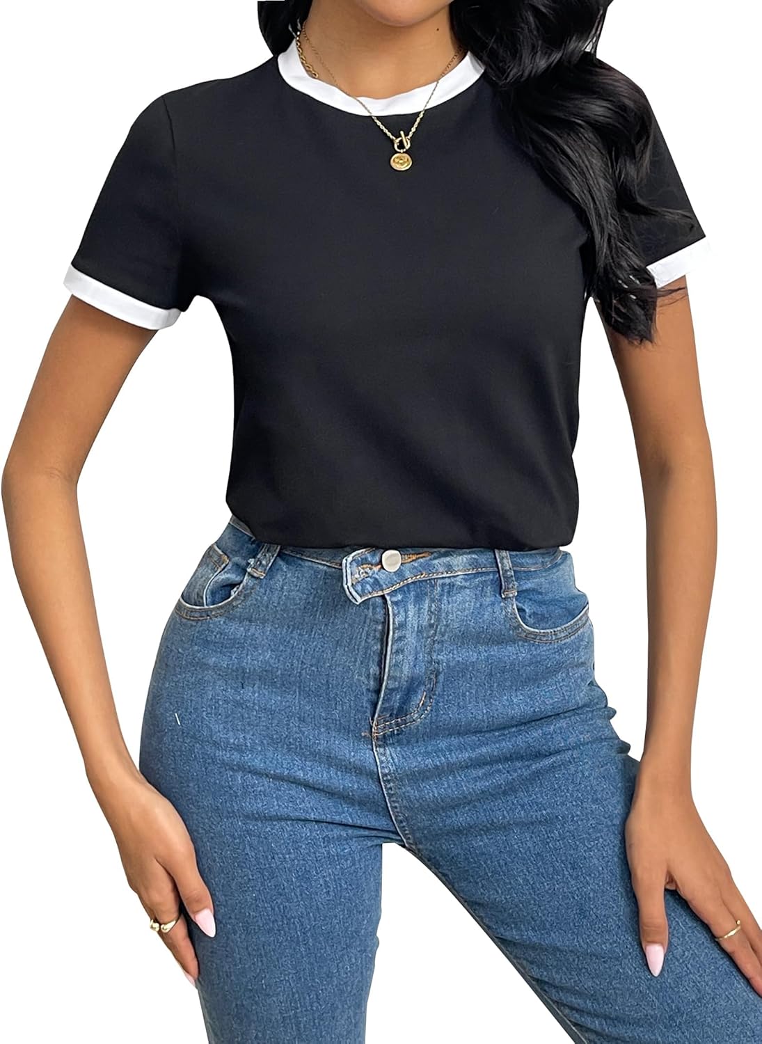 Remidoo Ringer Tee Women Short Sleeve Shirts Color Block Tops Casual Summer Vintage T Shirt - Image 3