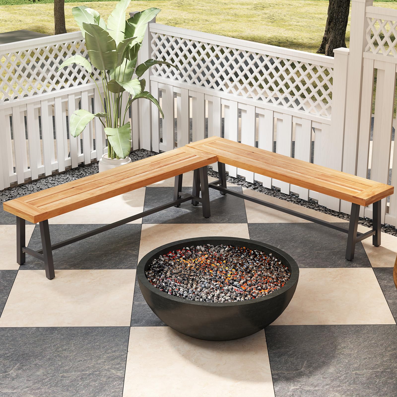COSTWAY Banco Madera de Acacia 160cm, Banco Exterior de 3 Plazas sin Respaldo, Patas de Metal, Carga 360kg, Banco Jardin Terraza Exterior, Natural y Negro (1)