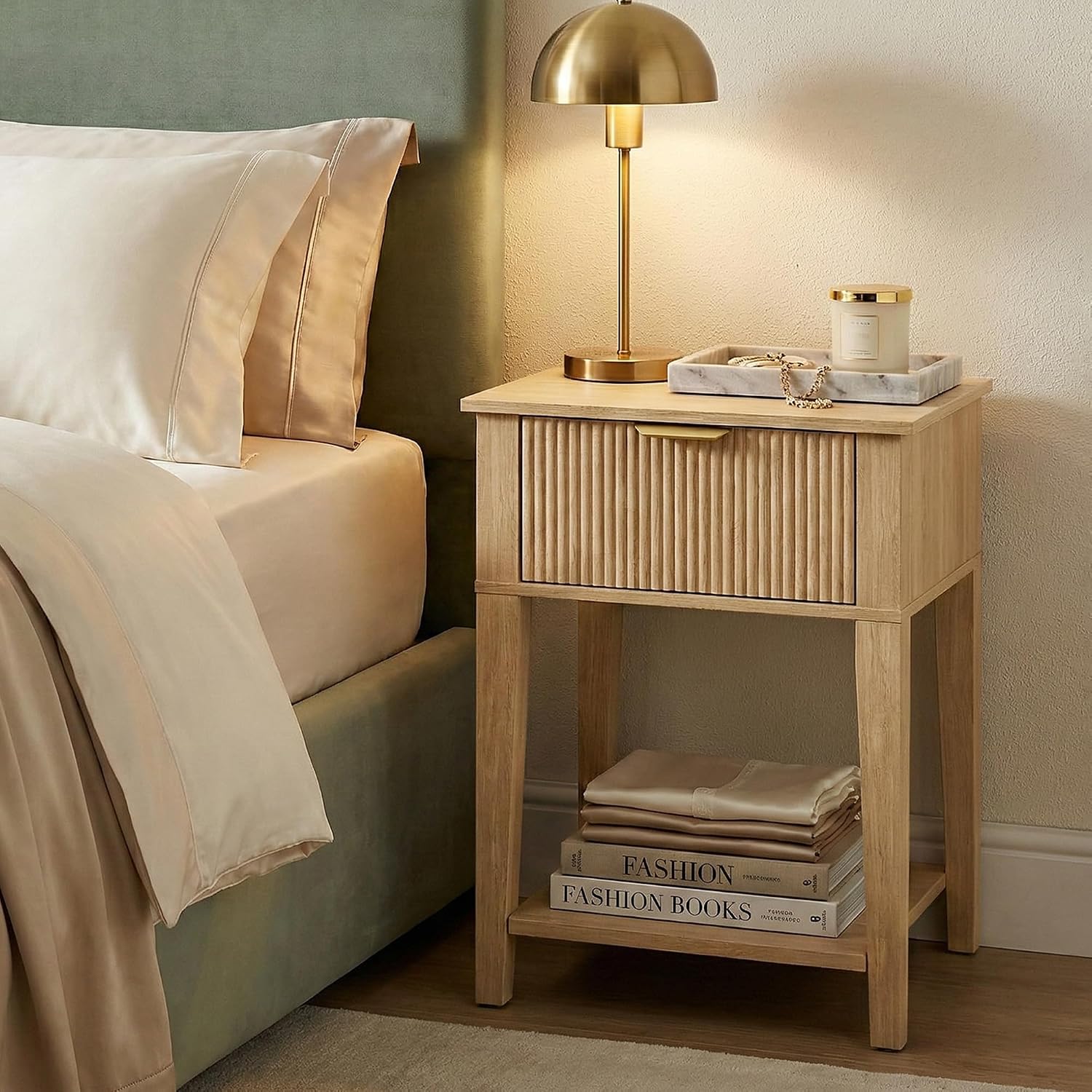 Fluted Wood Nightstand with Drawer, Small 12" Shallow Depth Bedside Table, Boho Japandi Compact Accent End Table, 15" W x 12" D x 23" H, Oak