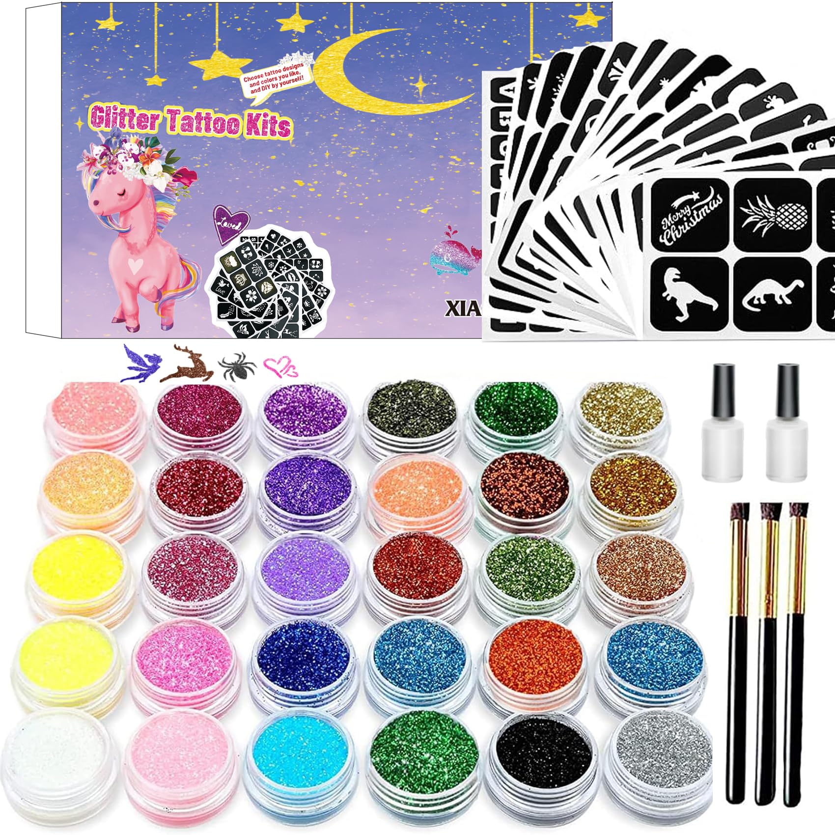 Temporary Glitter Tattoos Kit for Kids - 30 Color Body Glitter, 135 Tattoo Stencil, Festival Make-up for Girls, Kids, Teenagers & Adults
