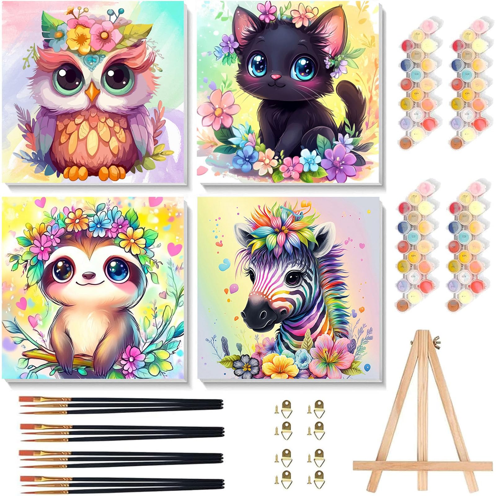 4 Pack Paint by Numbers for Children with Frame and Wooden Easel 8x8 Inch