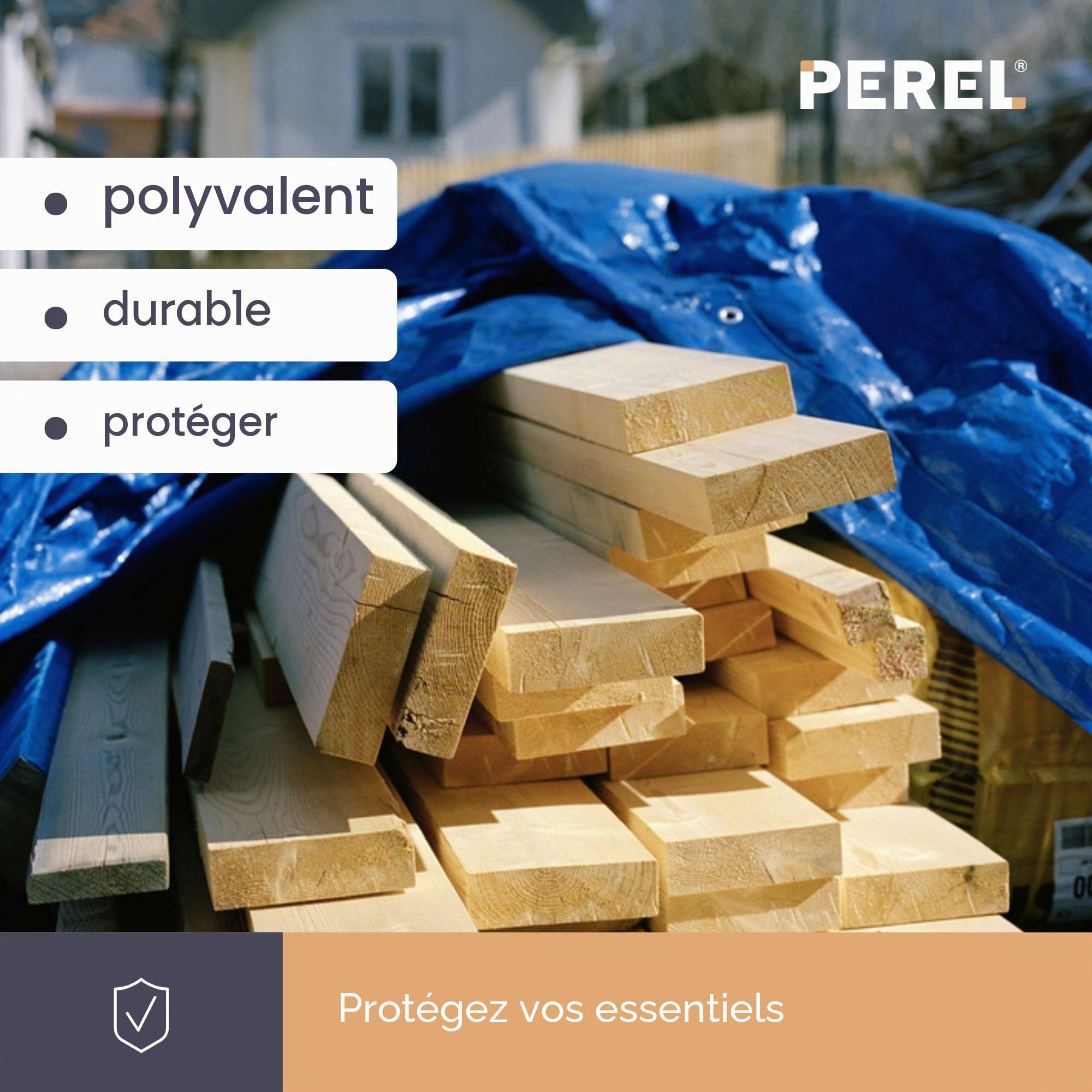 Perel Bâche 5 x 5 m, Polyester Extra résistant 140 g/m², bâche carrée avec 20 œillets et Coins renforcés, pour mobilier de Jardin, Bois, remorque