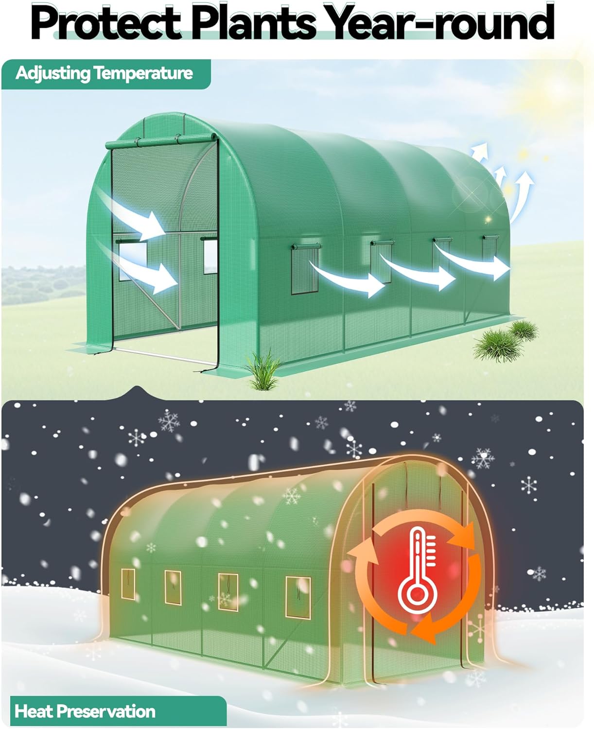 Outdoor Walk-in Greenhouse, Plant Growing Houses Kit with Roll-Up Zippered Doors & 8 Mesh Windows, Sturdy Galvanized Steel Frame & Durable PE Mesh Cover, Garden Tunnel for Backyard Planting