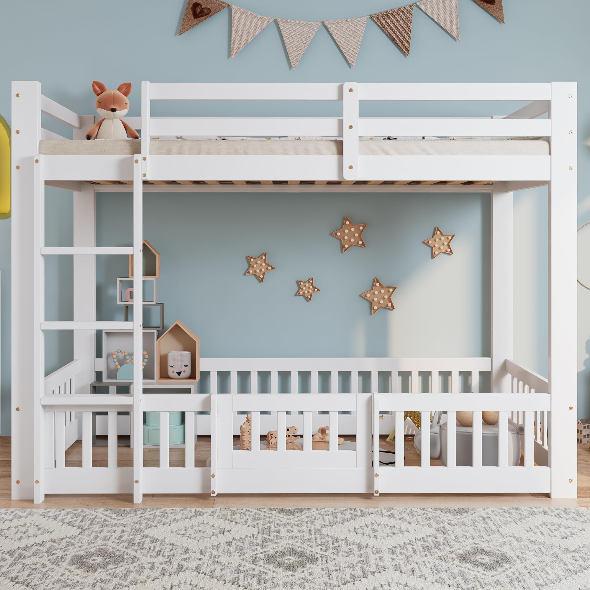 Etagenbett 90x200 cm, Kinderbett für 2 Kinder, Massivholz Einzelbett, Hochbett mit Rausfallschutz, Stockbett mit Zäune und Türchen, Jugendbett, ohne Matratze, Weiß