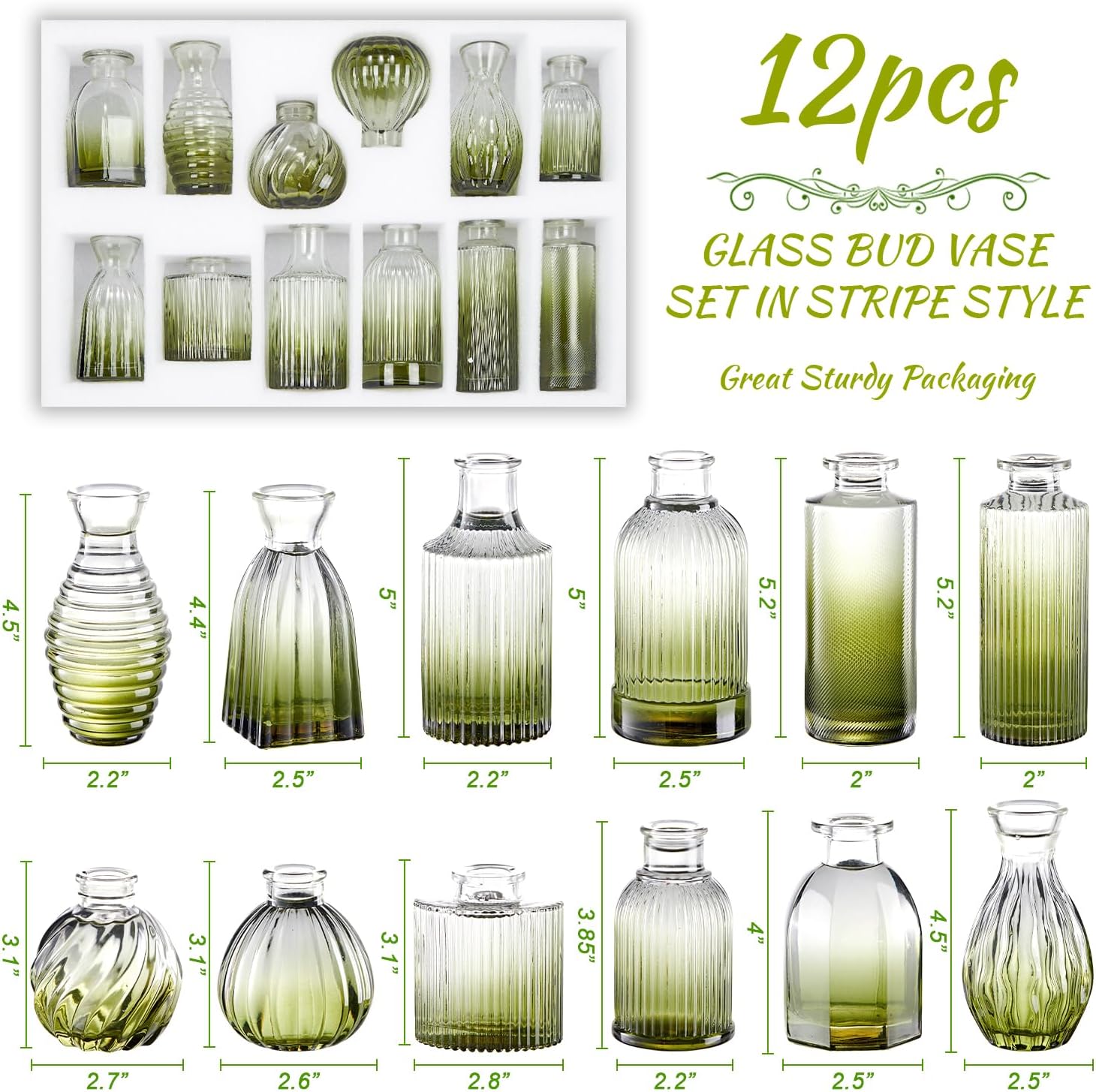 Green Bud Vases Set of 12, Green Glass Vase for Decor, Small Vases for Flowers Ribbed Flower Vase Stripe Bud Vases in Bulk Wedding Birthday Bridal Shower Centerpieces Home Table Decoration - Image 2