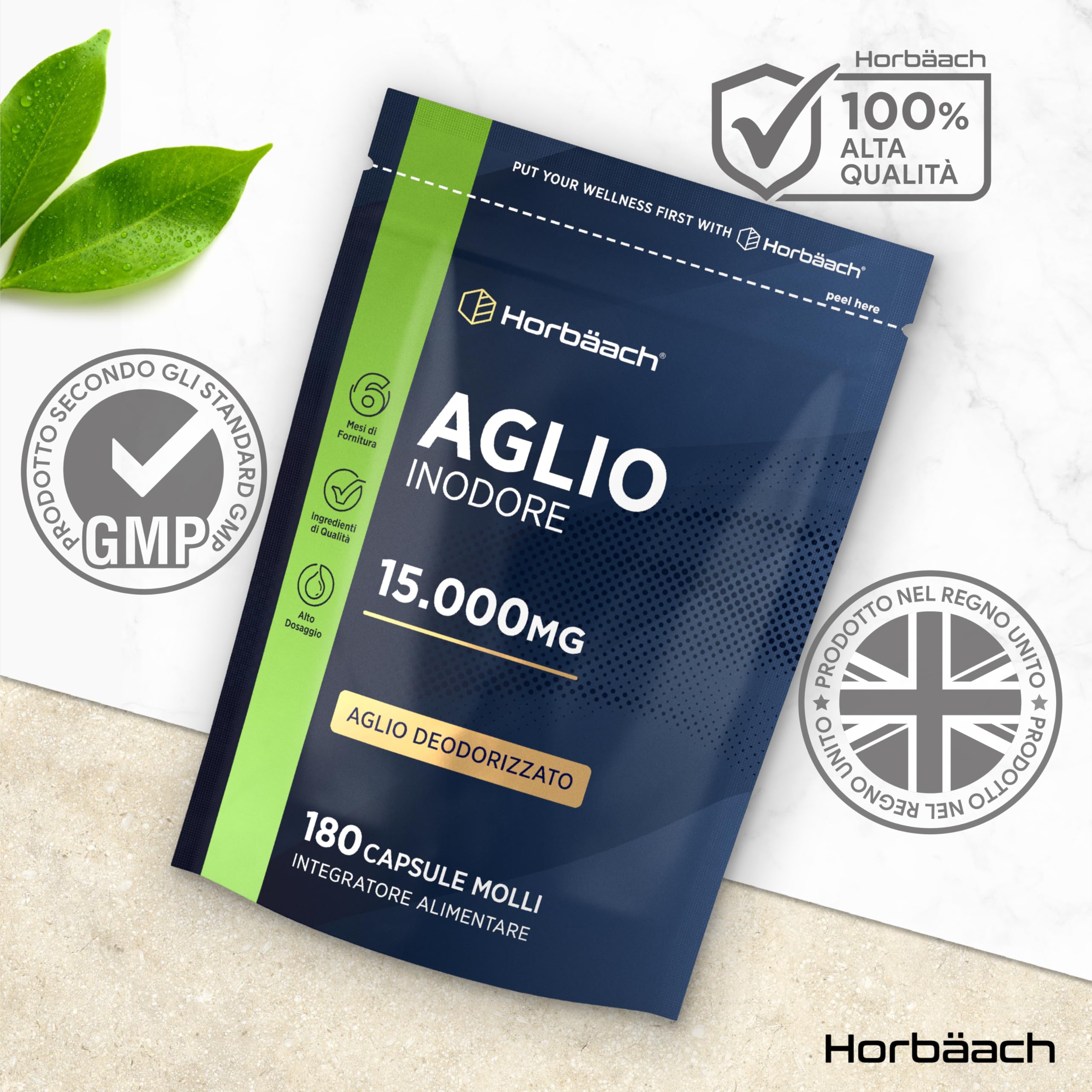 Aglio Capsule Inodore 15000mg | 180 Capsule Molli per 6 Mesi | Estratto di Aglio Deodorizzato ad Alto Dosaggio | Ricavato da Allium Sativum | Odorless Garlic Softgels | by Horbaach