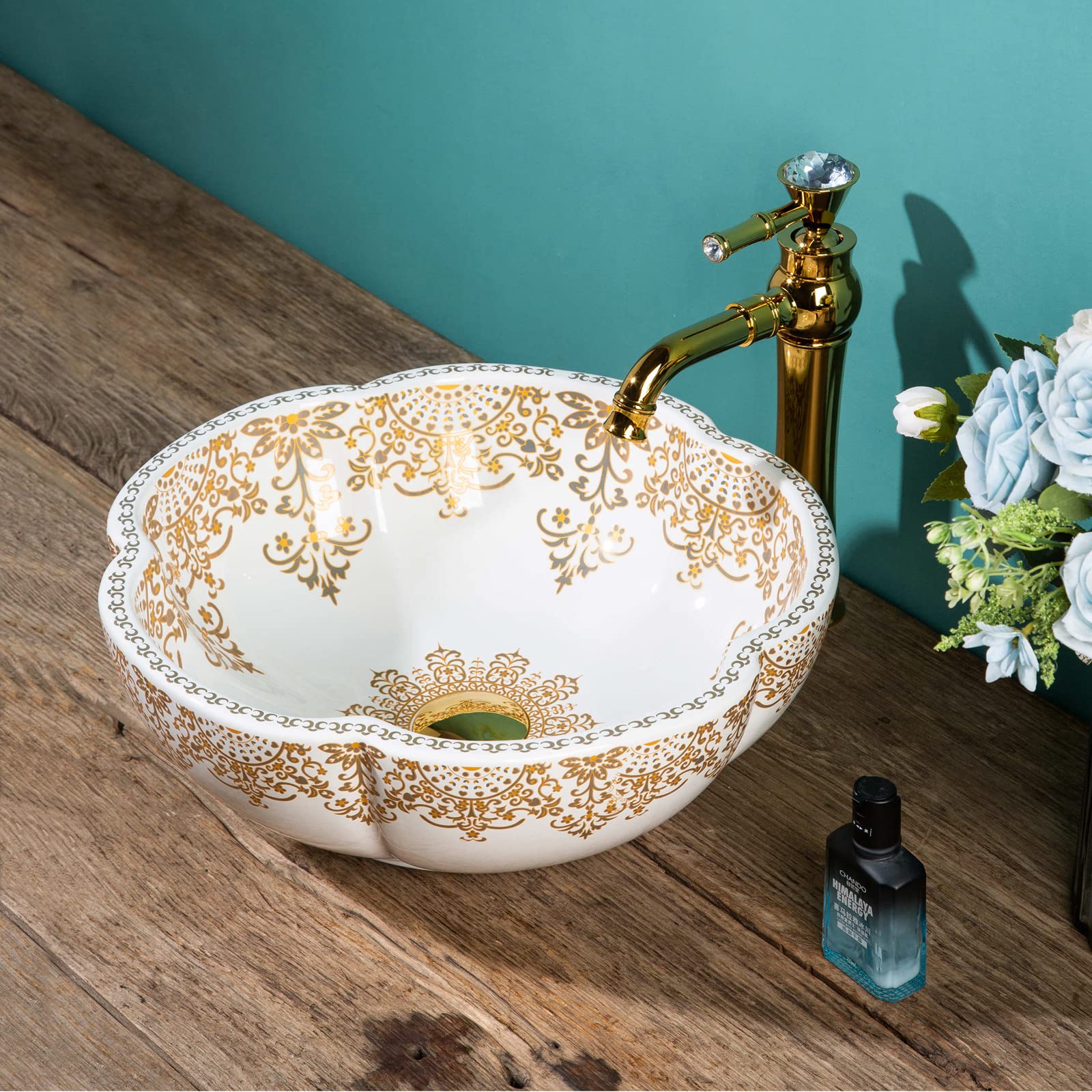 Moroccan Style White Gold Flower Shape Bathroom Vessel Sinks Art Moroccan Style White Gold Flower Shape Bathroom Vessel Sinks Art
