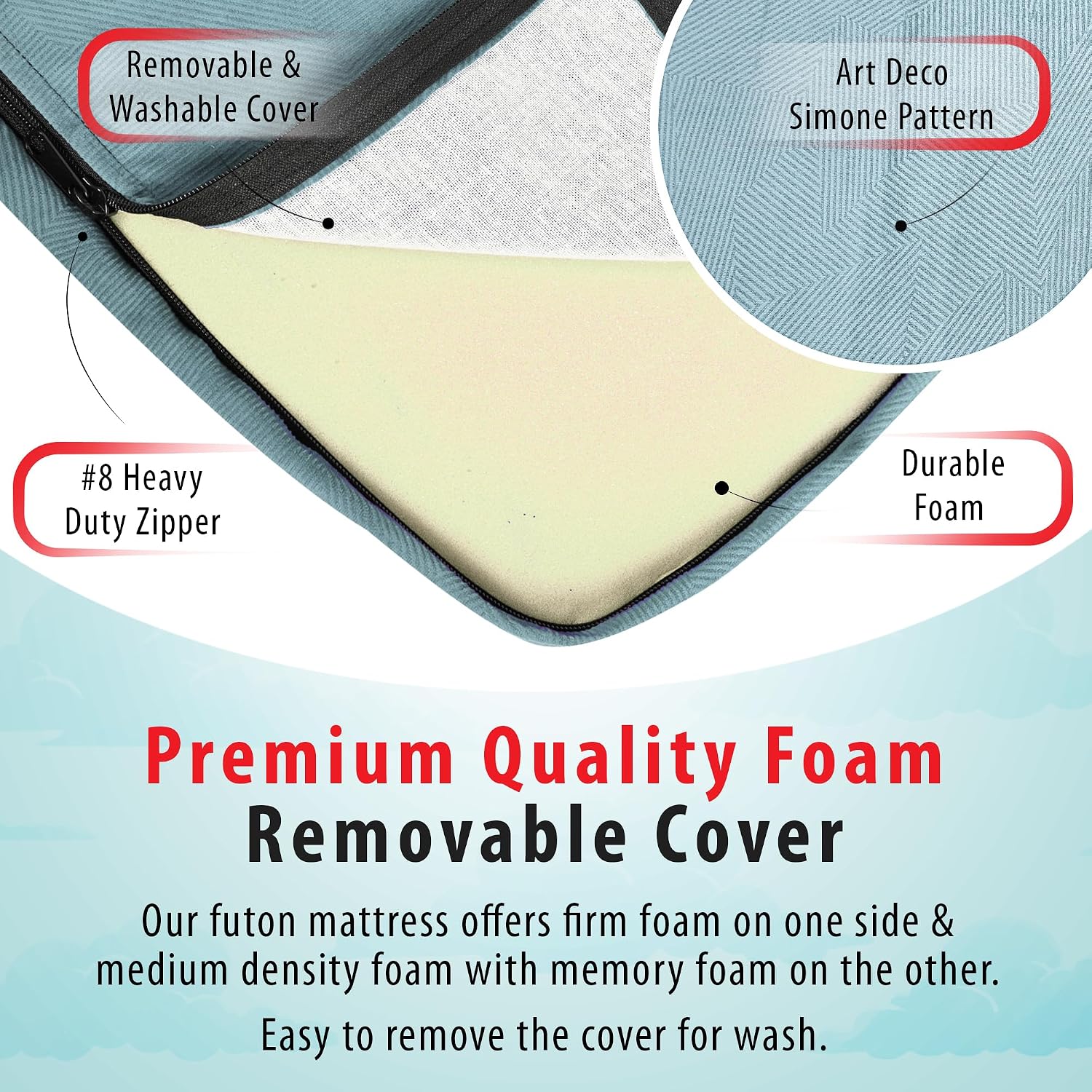 Matini Home Memory Foam Futon Mattress, Foldout Couch Futon Mattress - Full Size (Laguna) - Comfortable and Heavy Duty Sofa Bed, Thick Corded Cushion for All (Frame NOT Included)