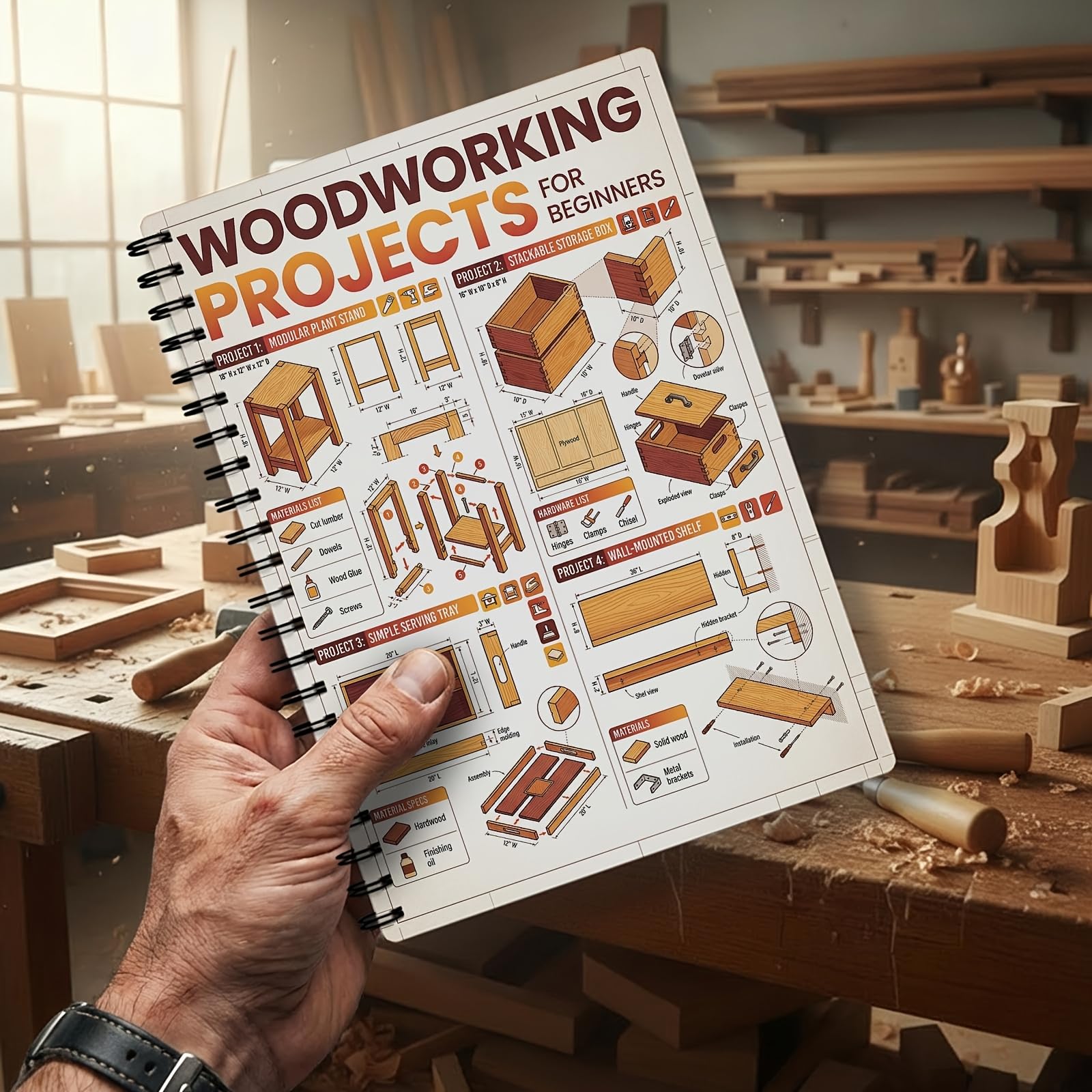 Planificador de proyectos de carpintería para principiantes – Registro de planos paso a paso con dibujos, plantillas y dimensiones, práctico libro de planificación de artículos de madera para