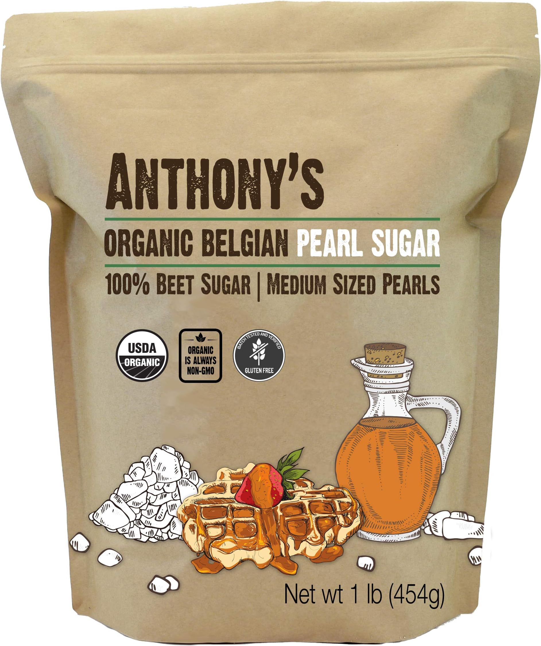 Anthony's Organic Belgian Pearl Sugar, 1lb, Batch Tested and Verified Gluten Free, Non GMO, Medium Sized Pearls