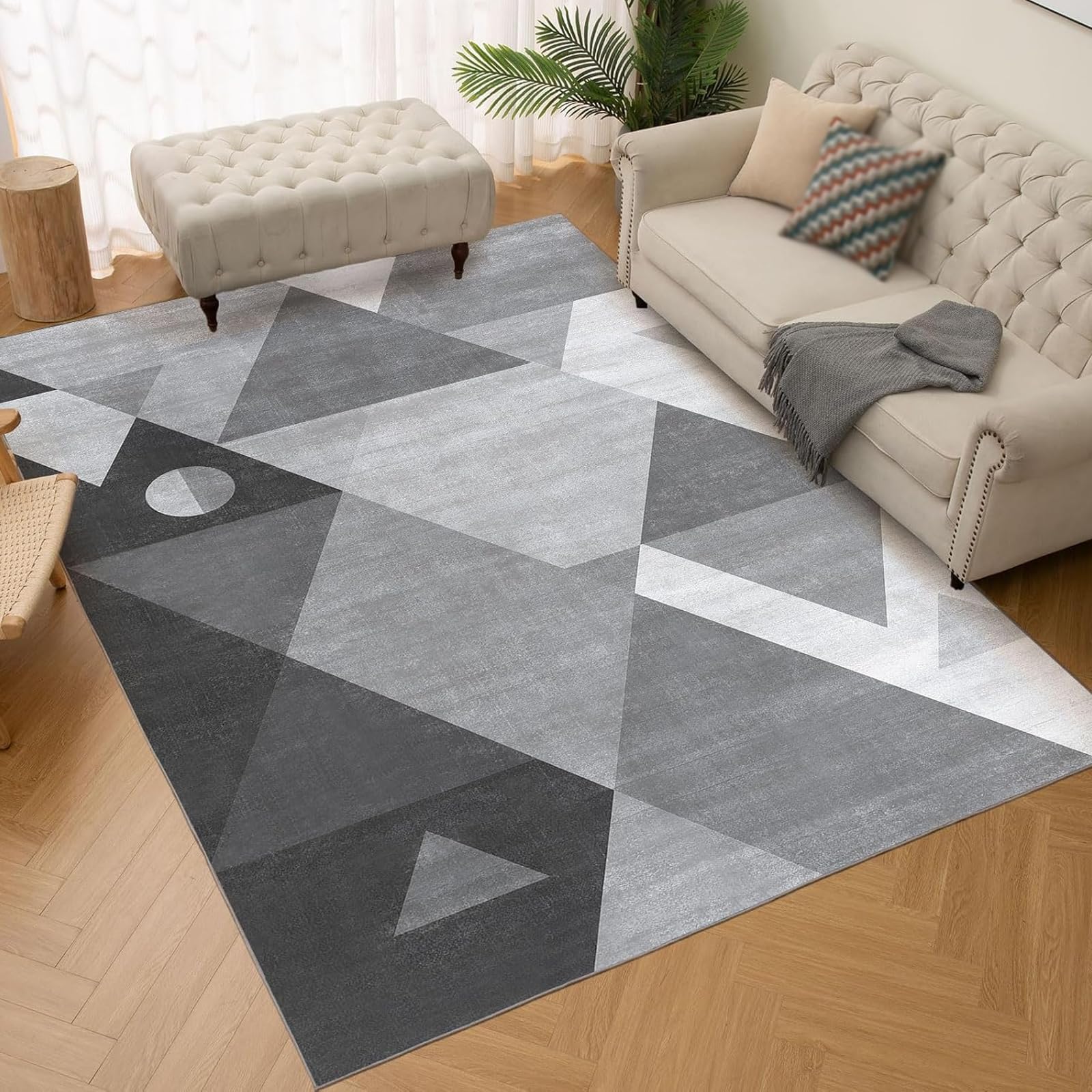 Grand tapis géométrique gris et blanc 180x300 cm pour salle à manger
