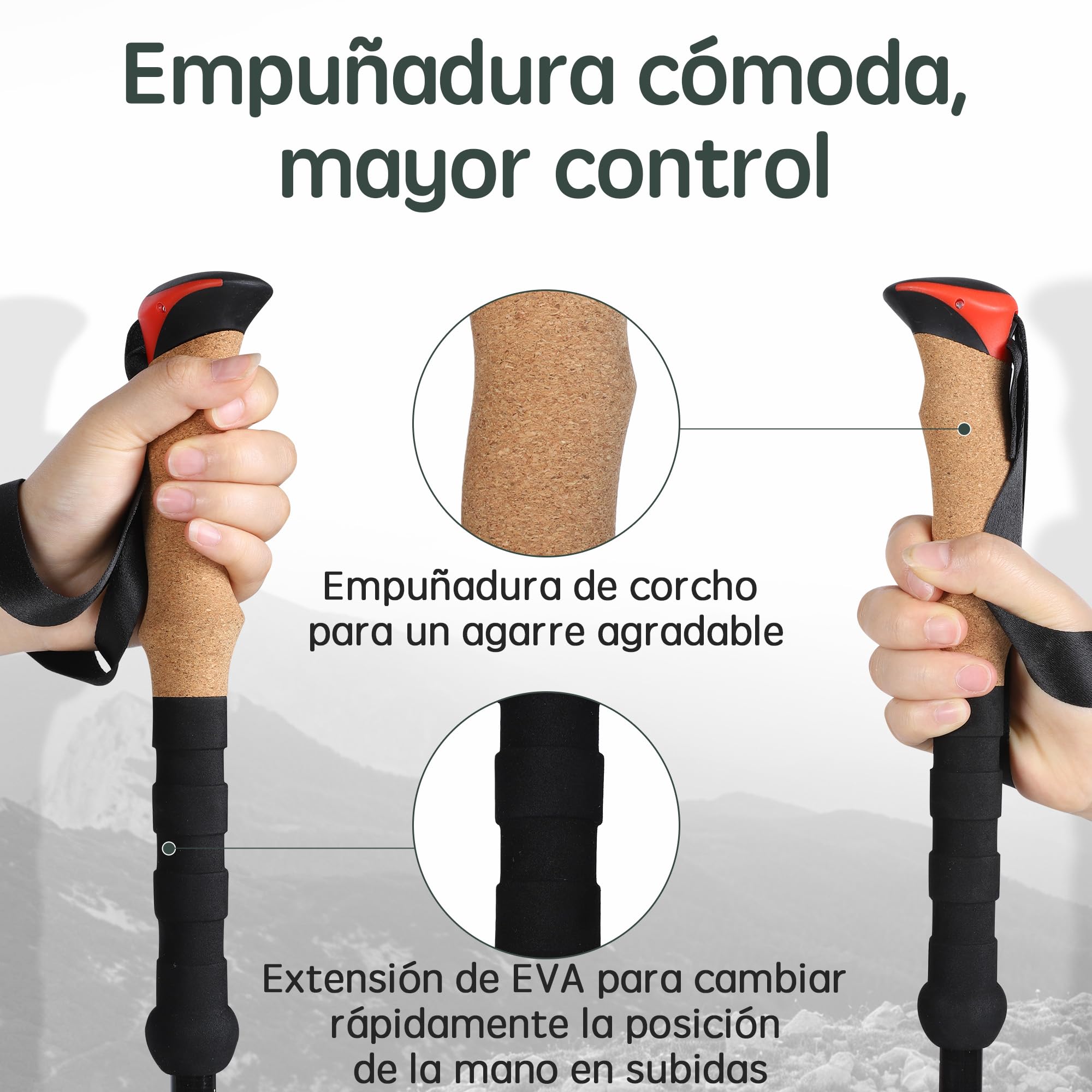 Bastones de Trekking telescópicos 2 Unidades, 200 g Cada uno, 62–135 cm, Carbono, empuñadura de Corcho + EVA, Cierre de Aluminio, para Trekking y Marcha nórdica