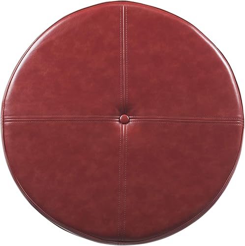 Miniatura 10 de HomePop Otomana redonda de cuero sintético con tapa, color rojo canela, grande