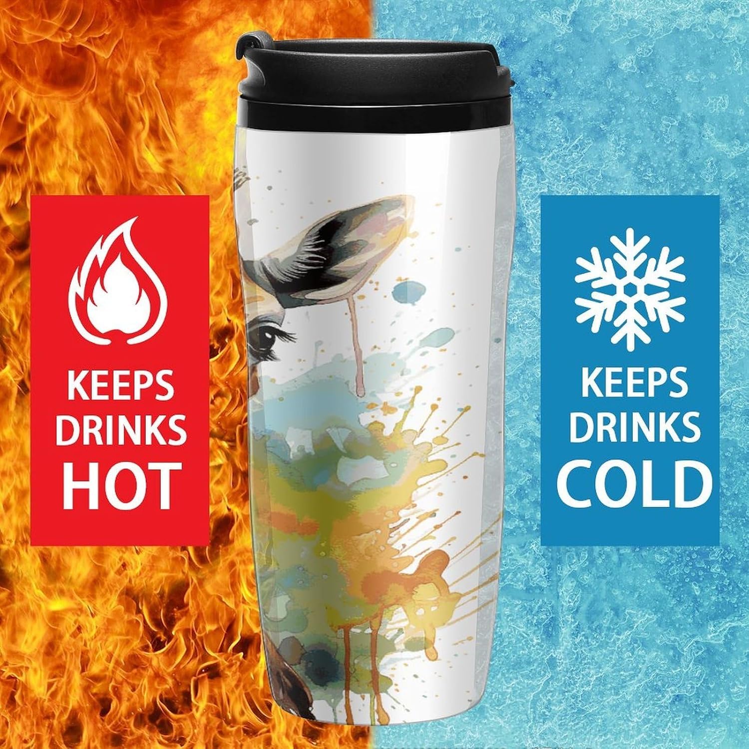 Cute Giraffe Watercolor Coffee Cup Reusable Portable Water Bottle with Double-Walled Plastic,Coffee Mug for Hot & Cold Drinks, Cup Holder Friendly 350ml