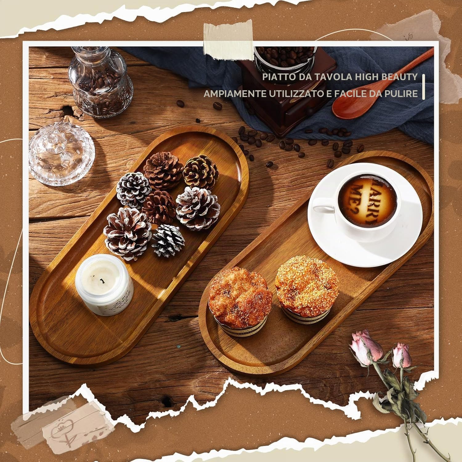 Set di 8 grandi vassoi ovali in legno, 35,8 x 14 cm, per dessert, snack, pane, frutta, aperitivi