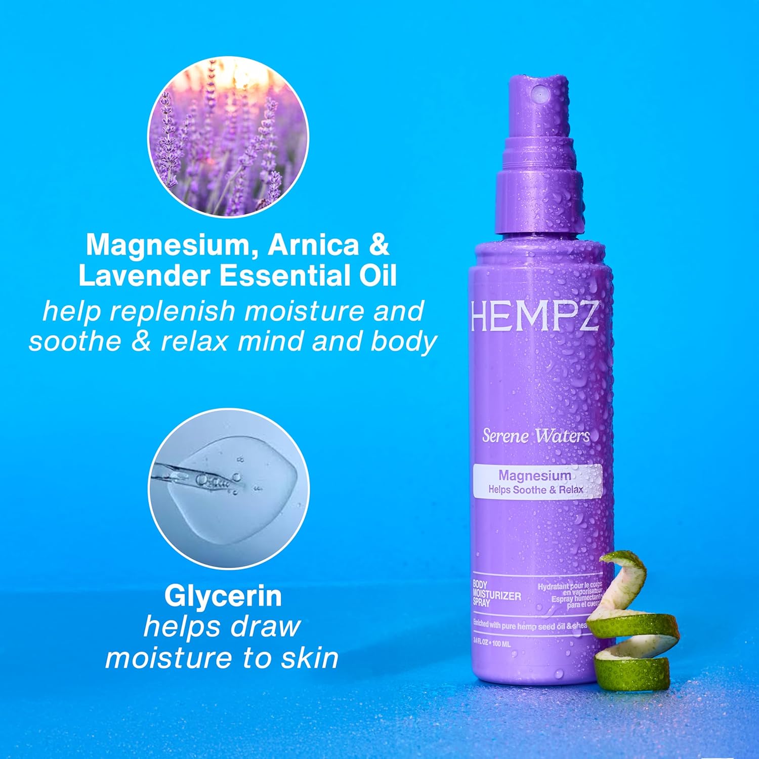 Hempz Magnesium Body Spray, Serene Waters, Soothing and Hydrating Moisturizer Mist with Arnica, Travel Friendly, 3.4 fl.oz.