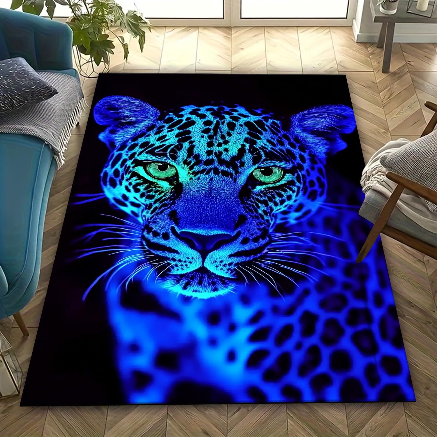 Tapis imprimé 3D léopard 200x300 cm antidérapant à poils courts pour salon