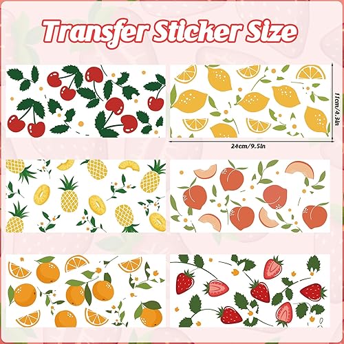 6 hojas de calcomanías de transferencia con tema de frutas para tazas de vidrio, impermeable, papel de transferencia de película transparente, papel