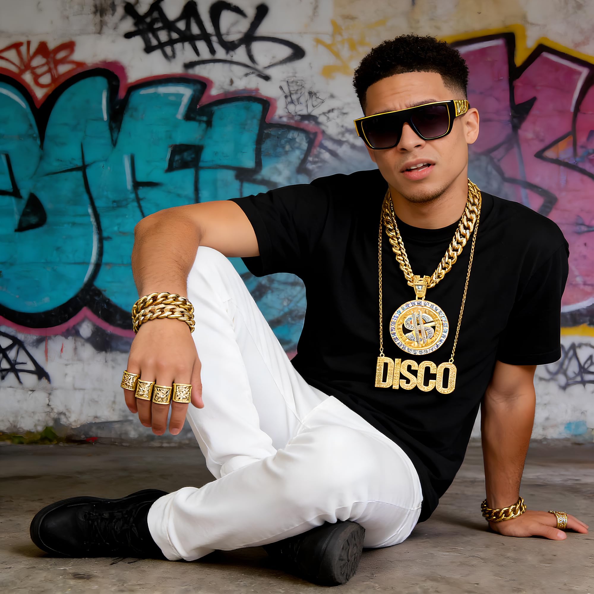 MOSNOW Gold Digger Costume Kit, 9Pcs Hip Hop Accessories with Fake Chain, Money Necklace - Image 3