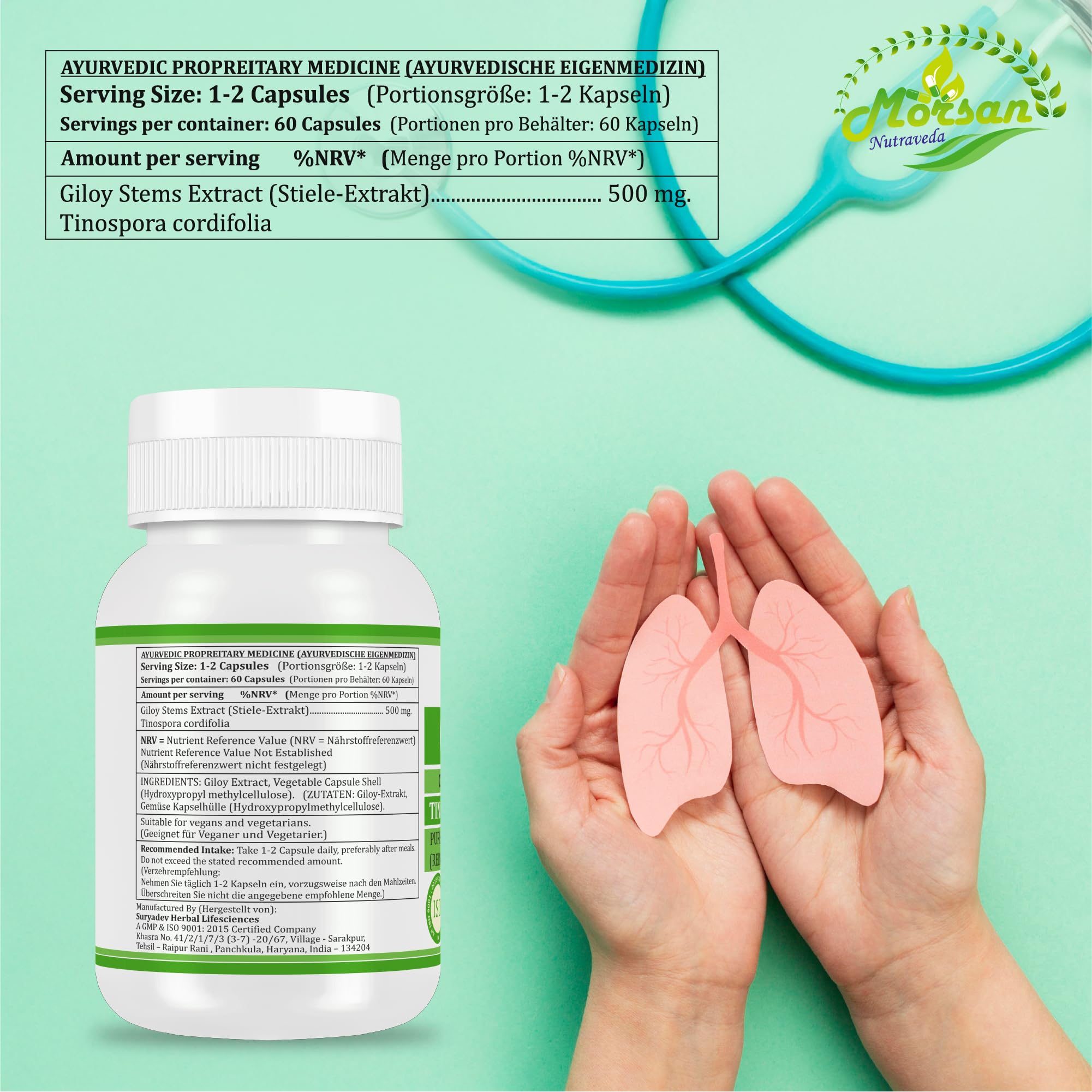 Giloy (Guduchi) Capsule 500 mg – 60 Capsule vegane | Estratto di Tinospora cordifolia ad alto dosaggio (10:1) | Integratore alimentare ayurvedico per uomini e donne (1 flacone da 60 capsule)