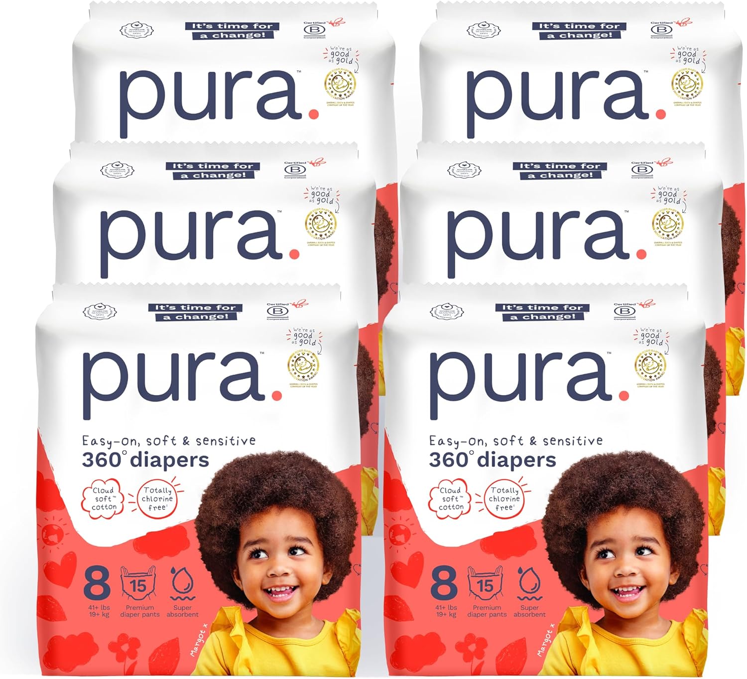 Pura Diaper Pants - Size 5, 27-38lbs, 114 Count, 360° Stretch Fit, Overnight Diapers, up to 12 Hours Leak Protection, Suitable for Sensitive Skin, Totally Chlorine Free, Soft Organic Cotton