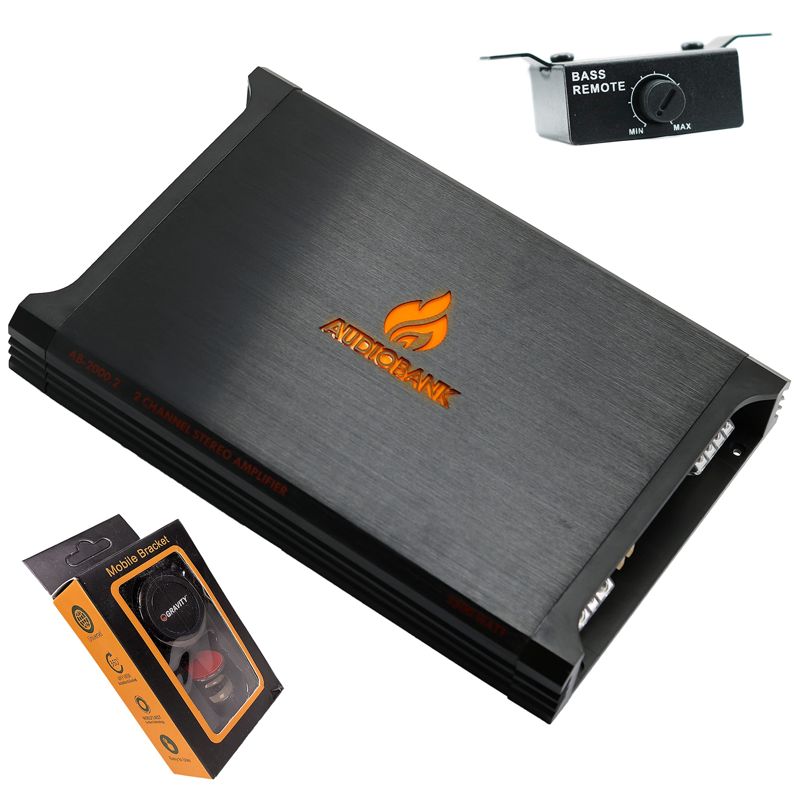 Audiobank AB2000.2 2 Channel 3500 Watt 2 Ohm A/B Class Car Audio Stereo BASS Amplifier with Bass Control, Bridgeable, LED Indicator with Gravity Phone