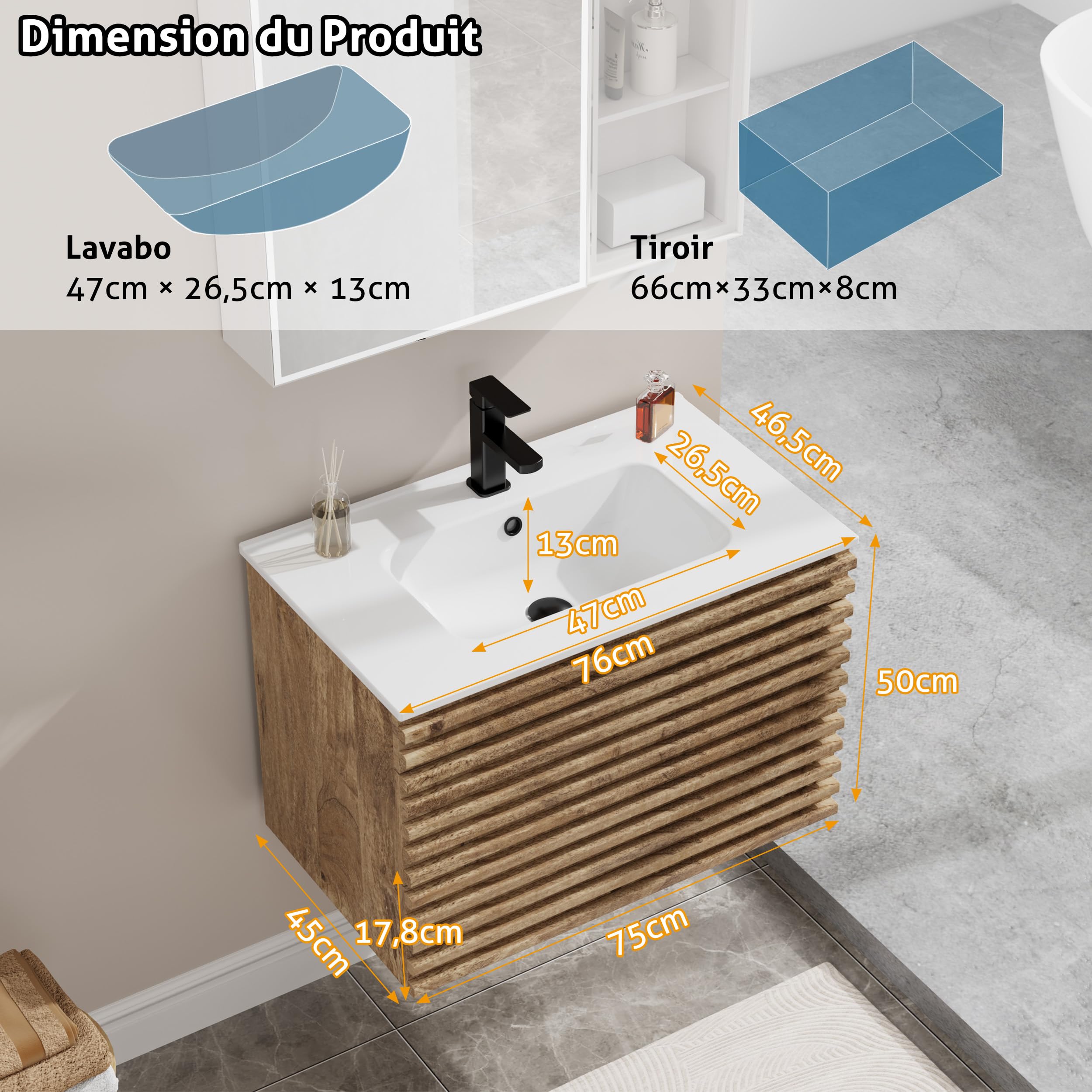 UEV Meuble Salle de Bain, avec Lavabo en Céramique, Lavabo Suspendu 75cm, 2 Tiroirs avec Système de Fermeture en Douceur, Grand Espace de Rangement, 75 x 45 x 46cm, Naturel