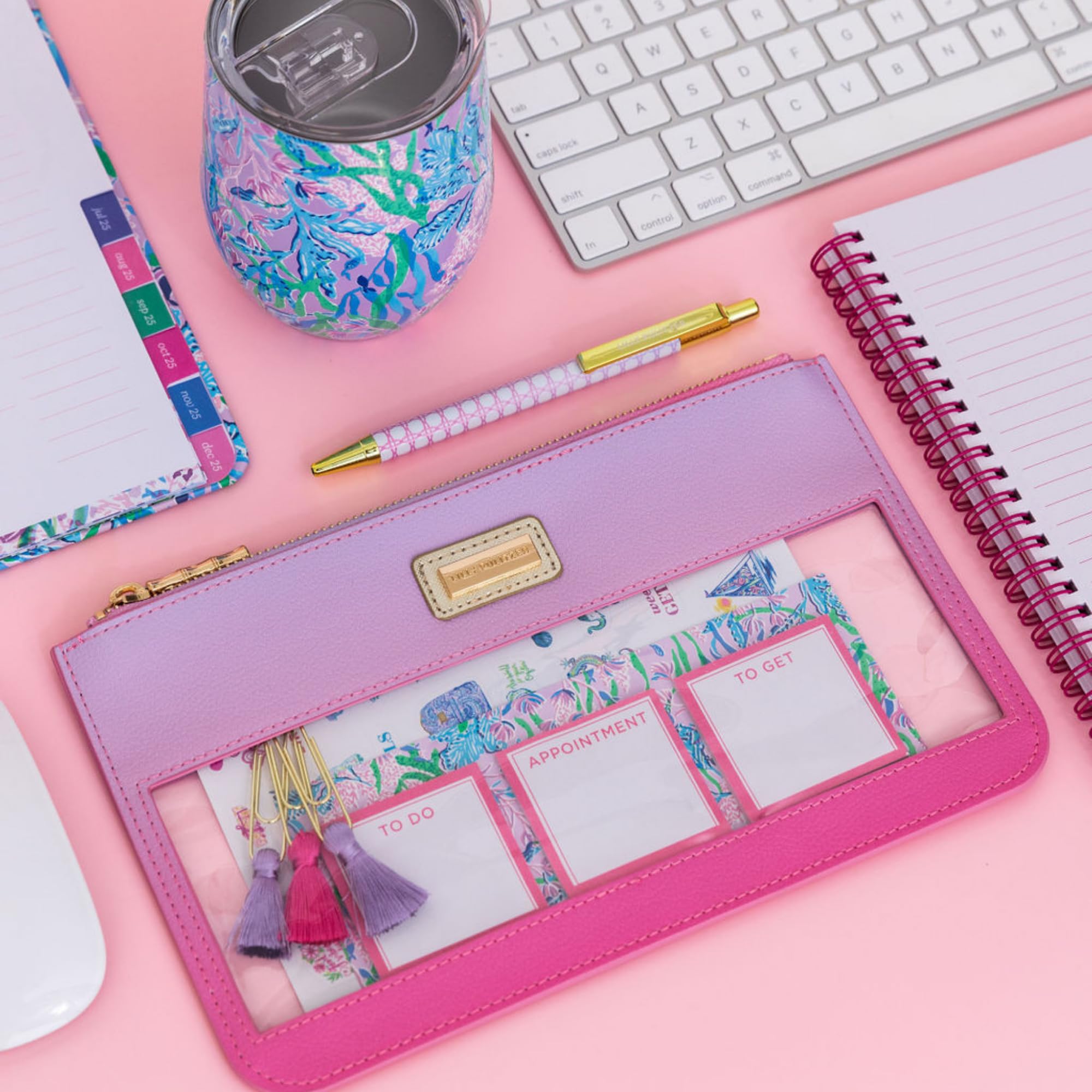 Lilly Pulitzer Planner Accessories Bundle - Ombre Pencil Case, Stickers, Pen, Notepad, Bookmarks & Zipper Pouch